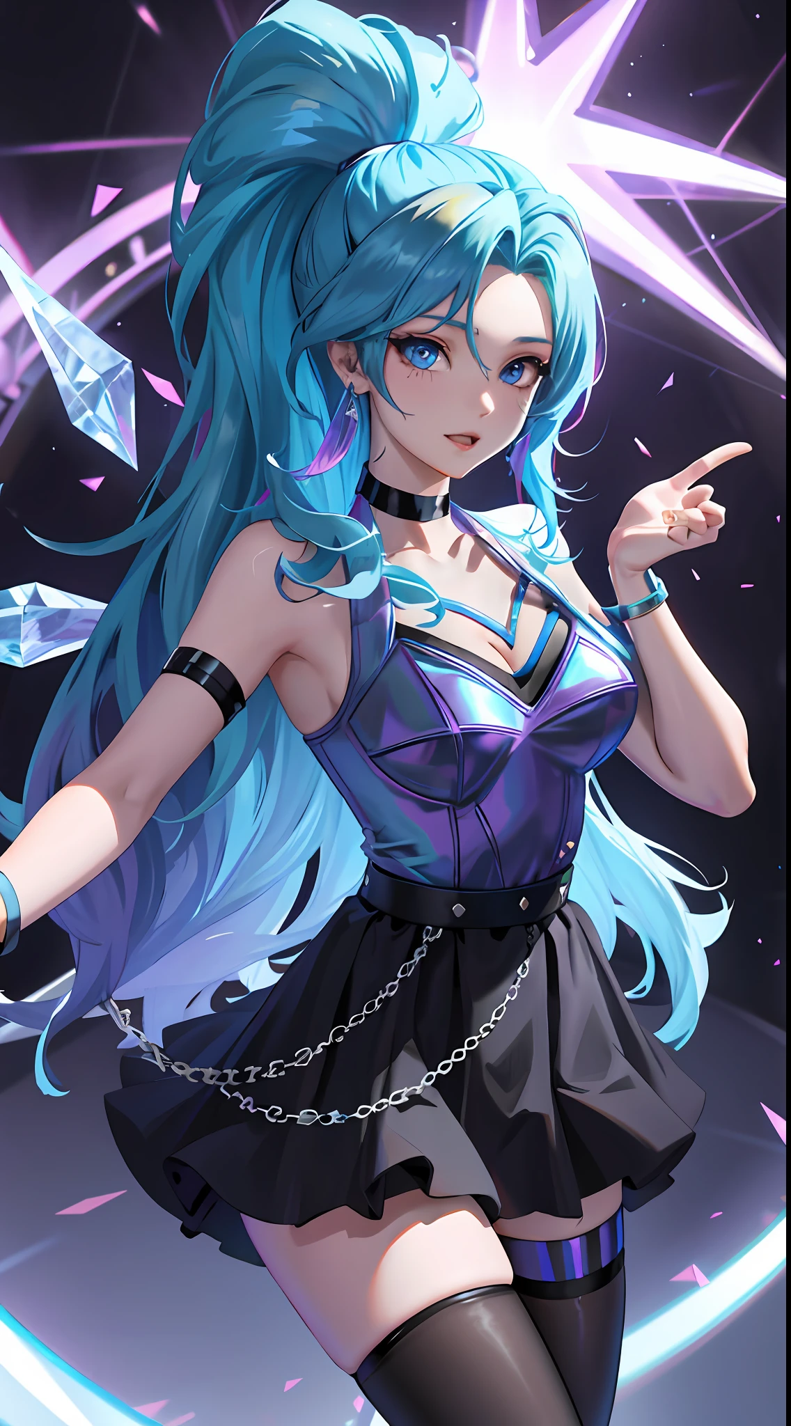 masterpiece, best quality, highres, seraphine1, 1girl, solo, blue hair, k/da \(league of legends\), very long hair, multicolored hair, jewelry, ponytail, blue eyes, earrings, dress, black choker, two-tone hair, purple hair, black thighhighs, bracelet, black skirt, crystal, large breasts, on the stage, waving