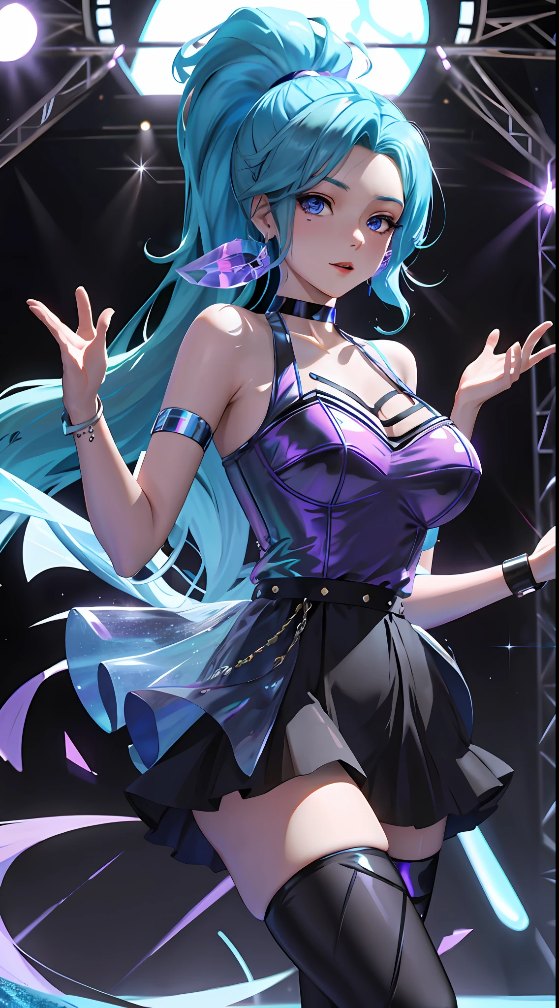 masterpiece, best quality, highres, seraphine1, 1girl, solo, blue hair, k/da \(league of legends\), very long hair, multicolored hair, jewelry, ponytail, blue eyes, earrings, dress, black choker, two-tone hair, purple hair, black thighhighs, bracelet, black skirt, crystal, large breasts, on the stage, waving