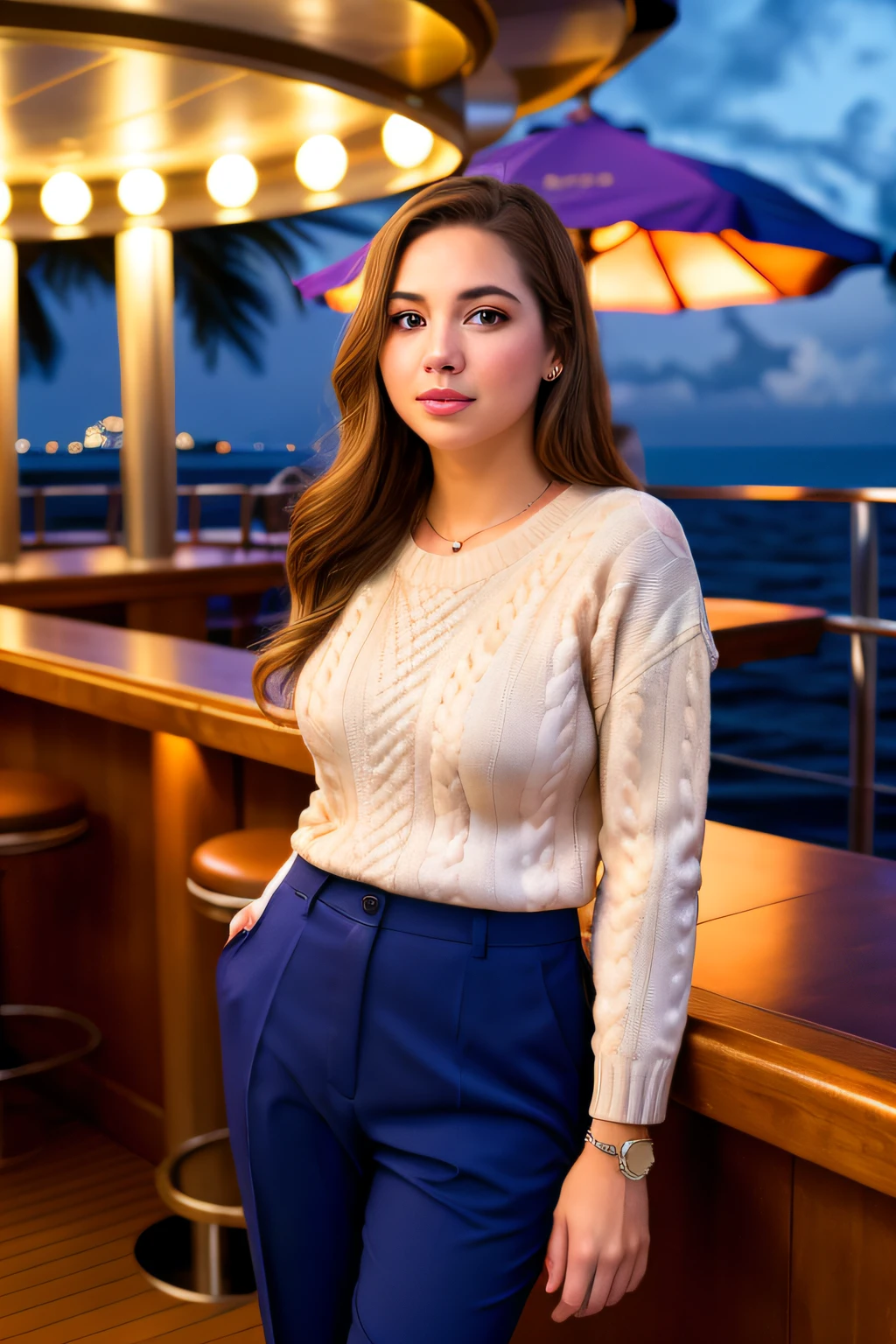 3girls women nautical wear sweater slacks at the bar lounge luxury yacht carribean ocean night time (masterpiece:1.2) (photorealistic:1.2) (bokeh) (best quality) (deck party) (intricate details) (8k) (HDR) (analog film) (canon d5) (cinematic lighting) (sharp focus)