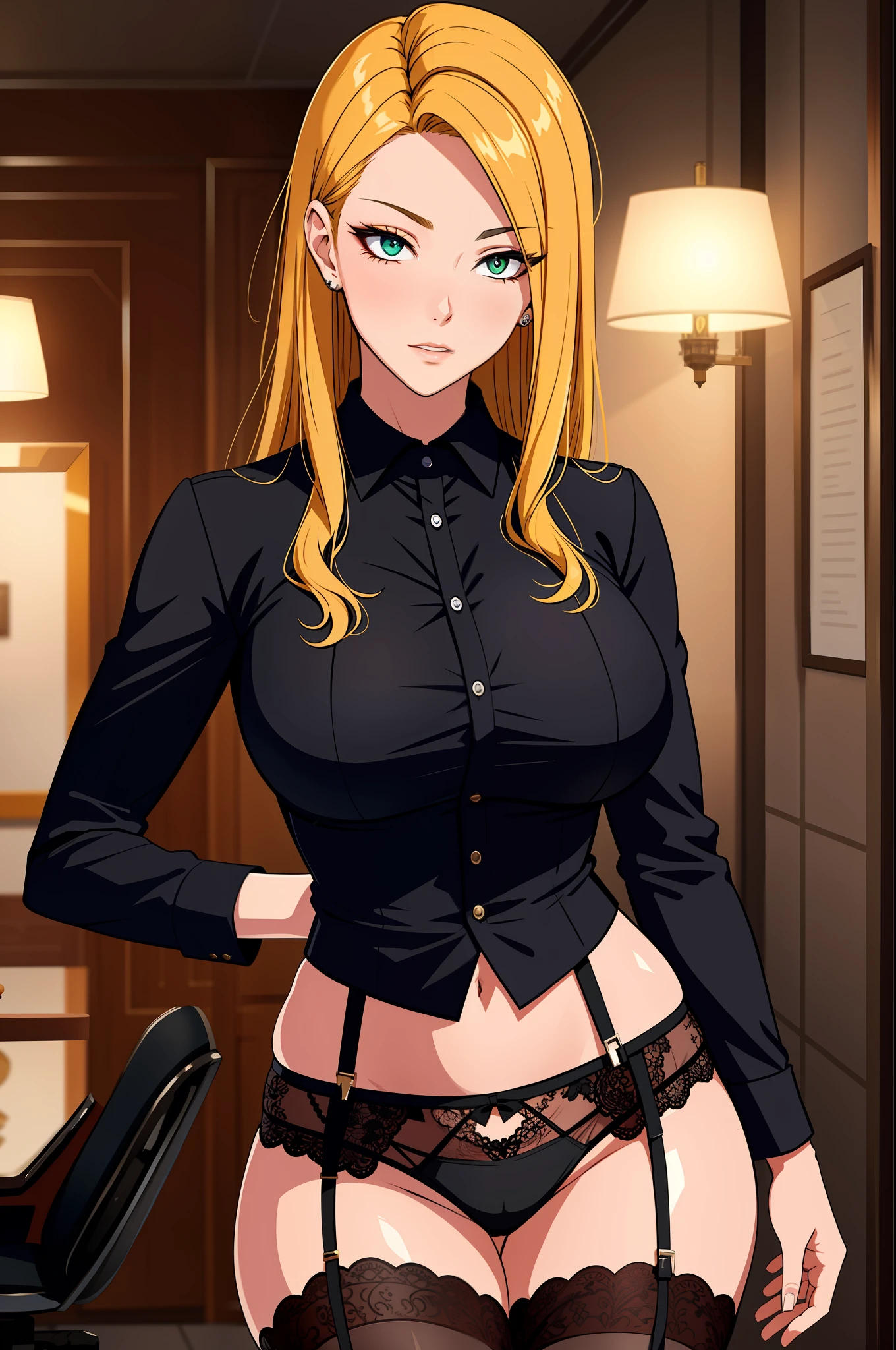 （tmasterpiece，A high resolution，best qualtiy：1.2），8K，highly  detailed，复杂，rich colourful，vibrant image，Clear focus，cinematic ligh） blond hairbl，long whitr hair，Green eyes，body builder （Wear black business attire，black_Collared shirt cropped jacket，tiese，tiese，Black frilled skirt，a garter belt，Leather belt） （Large, Perfect round breasts，Hourglass body，Big breasts Thin waist，Very thin waist， photograph realistic，（hyper realisitc：1）big breasts beautiful， tmasterpiece，Best quality at best，extremelydetailedface，s the perfect face，beauitful face，Perfect lighting，Detailed eye makeup，Details of the face，Nice detail eyes，pretty hand，perfect hand，glowing light eyes（realistic pupil，Realistic iris：1）Heavy eye makeup，（empty Casino）（Posing dynamically）Panties, underwear, Suspenders