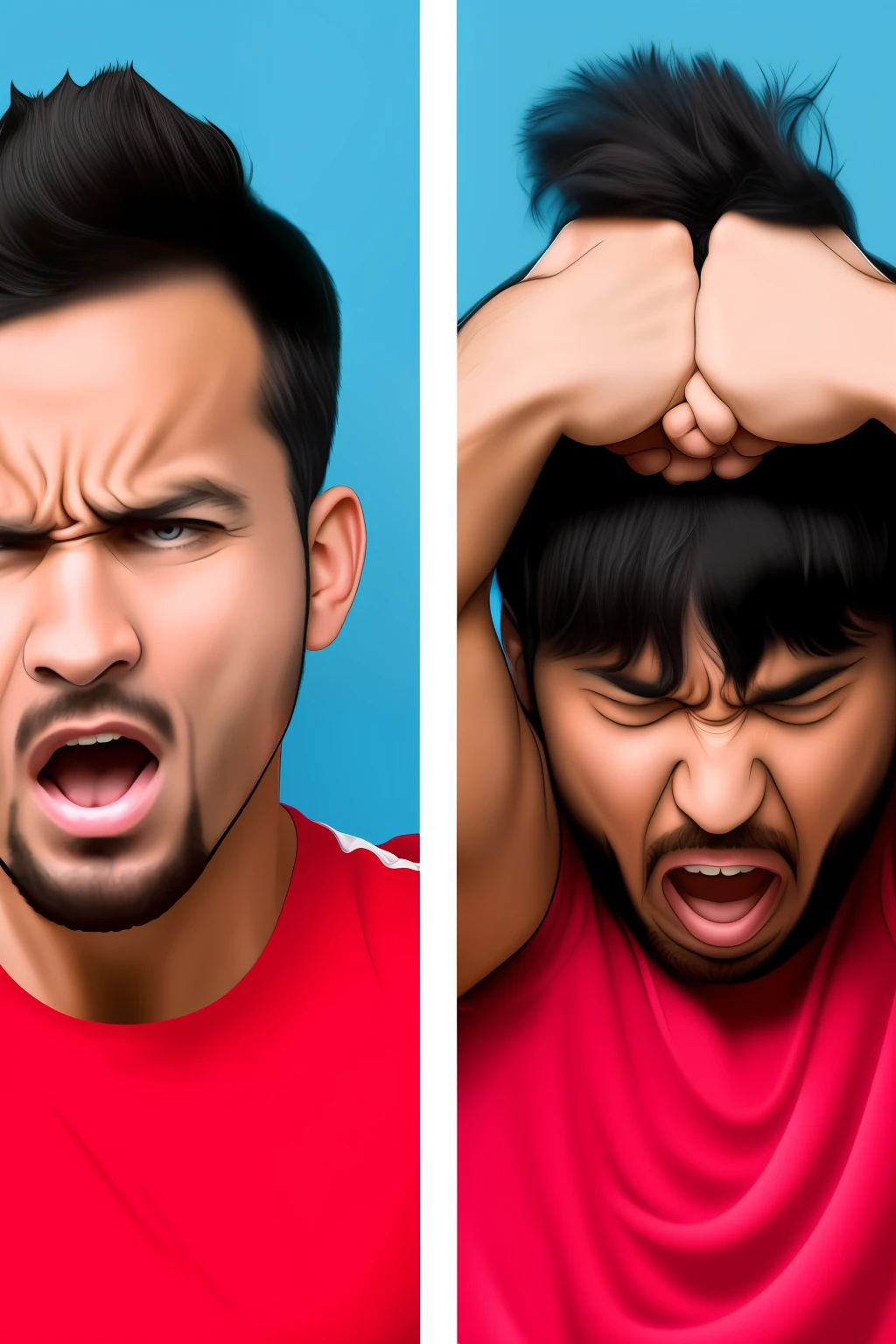 Two images of the same person facing the same challenge in two different ways: the first person is angry and the second person is happy