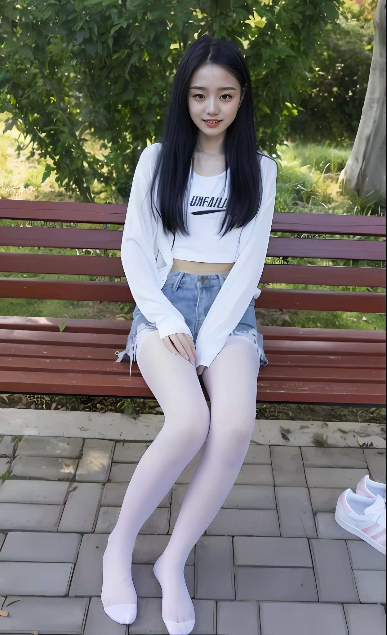 Asian woman sitting on park bench, Wearing white tights, White tights, Chinese girl, Full length and white stockings, young and cute girl, Young Asian girl, wearing white clothes, xintong chen, 18 years old, Korean girl, chiho, White stockings, Asian girl, xision wu, pretty face with arms and legs