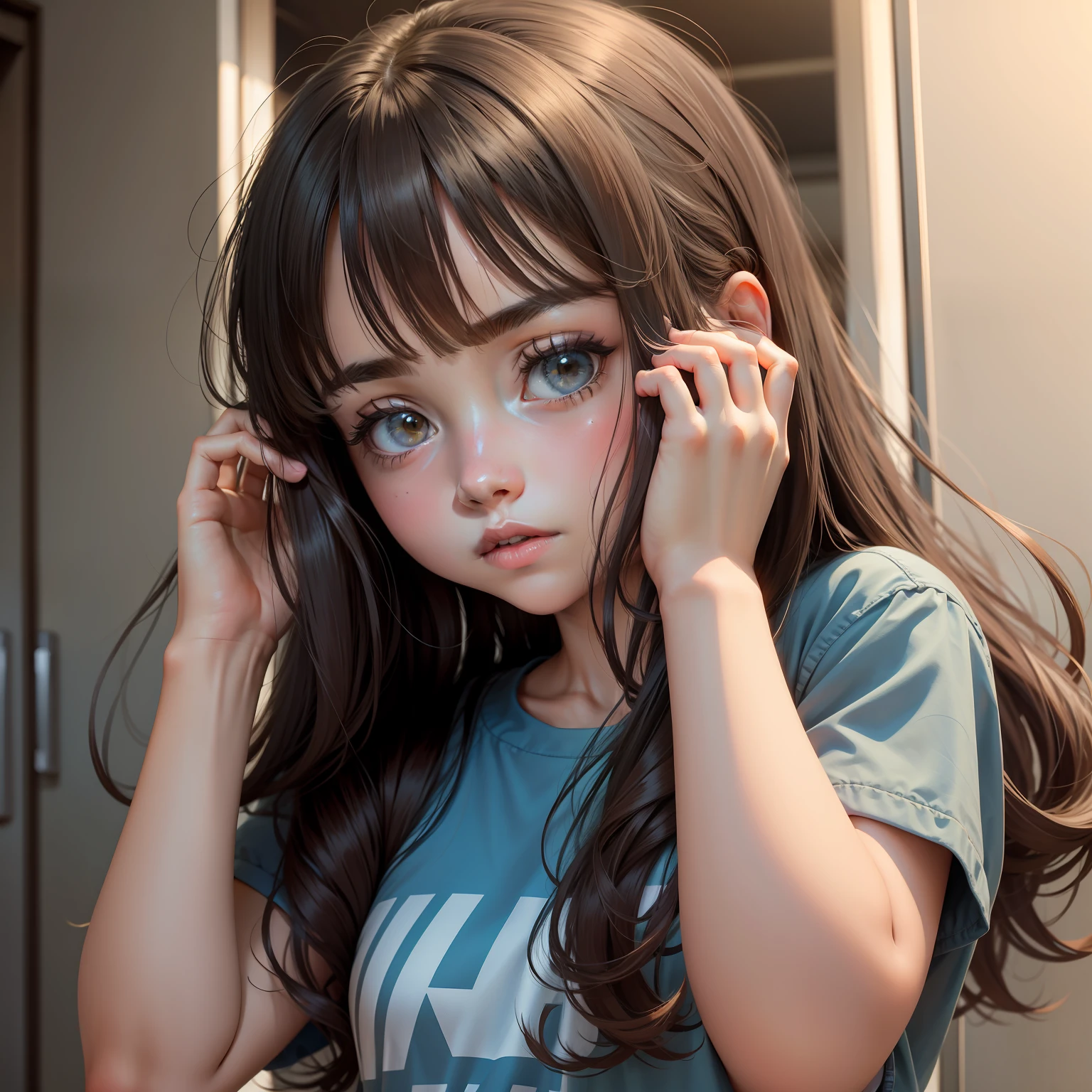 teens girl,Hands on your head,Clear eyes,Shy,