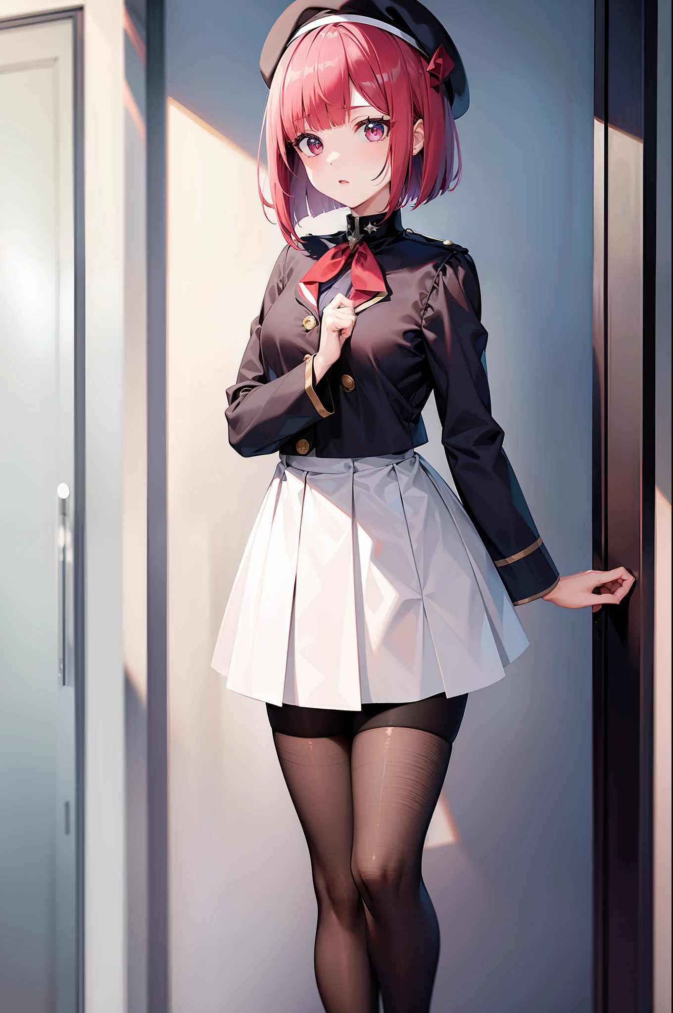 1 girl, graduation bob, straight short hair,  mediumvioletred hair, mediumvioletred eyes, big droopy eyes, small beret, high school