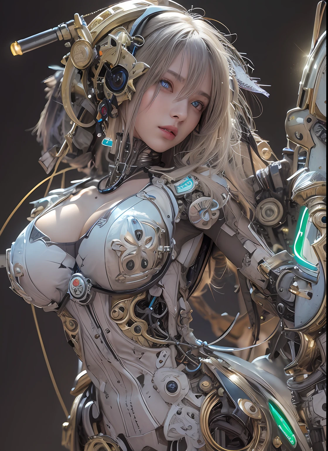 top-quality、​masterpiece、超A high resolution、(Photorealsitic:1.4)、Raw photo、女の子1人、a blond、glowy skin、1. Steampunk Angel Cyborg、large metal wings、((super realistic details))、portlate、globalillumination、Shadow、octan render、8K、ultrasharp、Colossal tits、Raw skin is exposed in cleavage、metals、Details of complex ornaments、Steampunk details、Hydraulic cylinder、highly intricate detail、Realistic light、CGSoation Trends、a purple eye、radiant eyes、Facing the camera、neon details、Mechanical limbs、blood vessels connected to tubes、Mechanical vertebrae attached to the back、mechanical cervical attaching to neck、cowboy  shot、Wires and cables connecting to the head、Sumerian details、Small LED lamp、