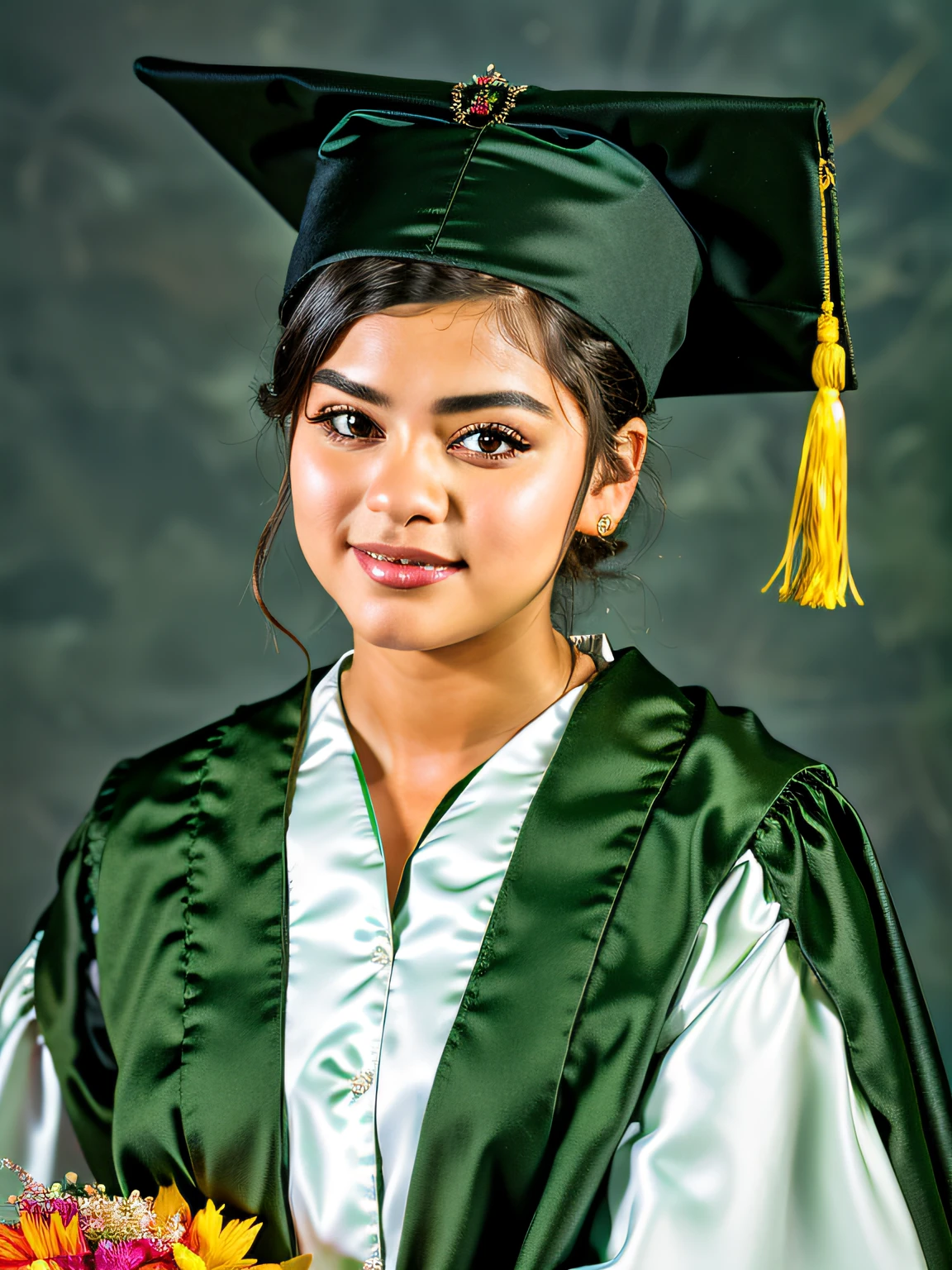 There's a young woman in a prom dress, Foto de formatura, wearing an academic gown, Close Up foto retrato, Foto, estudante, Retrato N - 9, foto de retrato, fechar retrato, Foto Profissional, foto de retrato em close-up, close - up studio photo, foto retrato, post graduate, Retrato no meio da foto, close - foto retrato acima