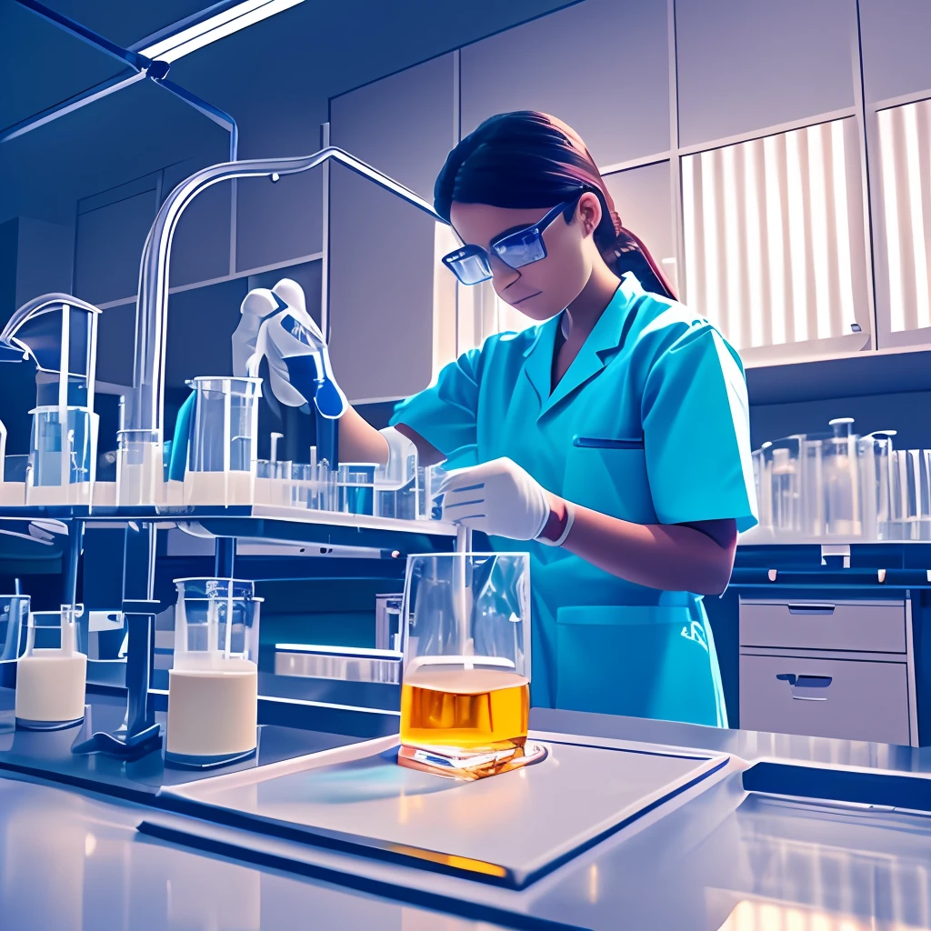 Future chemical scientist working in laboratory at night, desparate, full laboratory view
