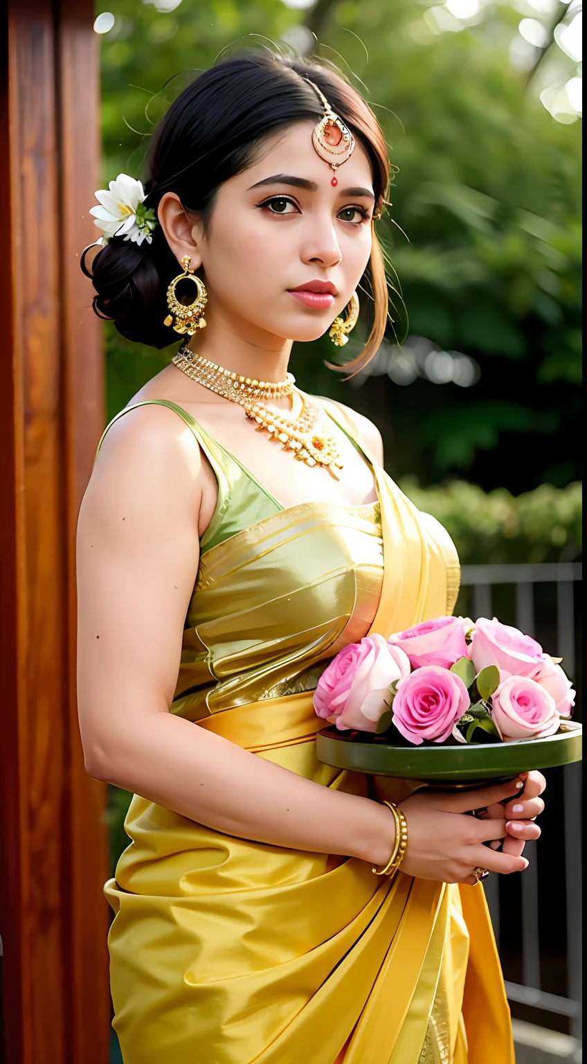 wear green designer printed Saree and blouse, a bindi on the center of the forehead, very well dressed, going to temple for prayers, golden heavy jewellery, very beautiful 25 year old indian girl, full body photo, holding Puja plate with Puja items for lord Shiva, lord Shiva temple in background, jewelry, gem, necklace, necklace set, tika, vermilion, nathiya, ear rings, mangalsutra, golden haar, gold bracelet, anklets, thick lips, holding flower basket for Puja in hand, skindentation, parted lips, full body photo from front, beautiful face, beautiful body, (detailed eyes), ulzzang-6500-v1.1, thick eyelashes, long eyelashes, random hair style, broad light, backlighting, bloom, light sparkles, chromatic aberration, sharp focus, Nikon Z 85mm, unparalleled masterpiece, ultra-realistic 8k photos, best quality masterpiece, best quality, (photorealistic:1.2),  (realistic:1.5), (hyperrealistic:1.2),(photorealistic face:1.2)