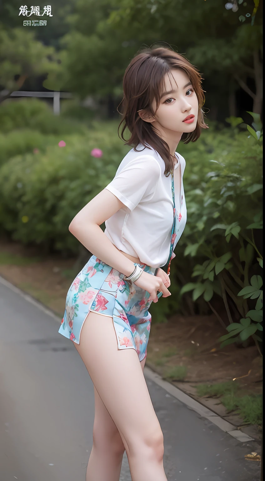 NSFW， 8K Raw photograph， best qualtiy， tmasterpiece， 超高分辨率， filmgrain， cinematic ligh， 1girll， looking at viewert， Natural skin texture， Realistic Eyes and Face Details， full pouty lips， lipsticks， （putting makeup on）， Red eyeshadow， Short fluffy hair， messy  hair， ssmile， Rejoice， beautifullegs， Tall women， being thin， Slim_Legs， 独奏， Brustwarzen， Pose with your hips facing you， Mini print silk skirt， hindquarters， Beautiful natural location， Location of flowers around， （detailedbackground） ， Show a little through the shirt， Footwear， vague background， bblurry， halter，， short- sleeved， The ribbon is around the neck， JK ribbon， brown  hair， bangle， Eau， By bangs， jewely， parted lip， cparted lips， From the side Side， Printed silk skirt， depth of fields，beachside，zona rural，Printed silk suspenders，are standing，