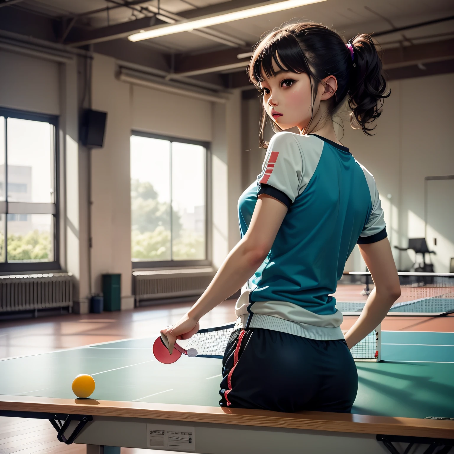 The background is inside the gymnasium、No audience、Alafed woman in colorful shirt playing table tennis on court, A detailed illustration、Similar to Mima Ito、