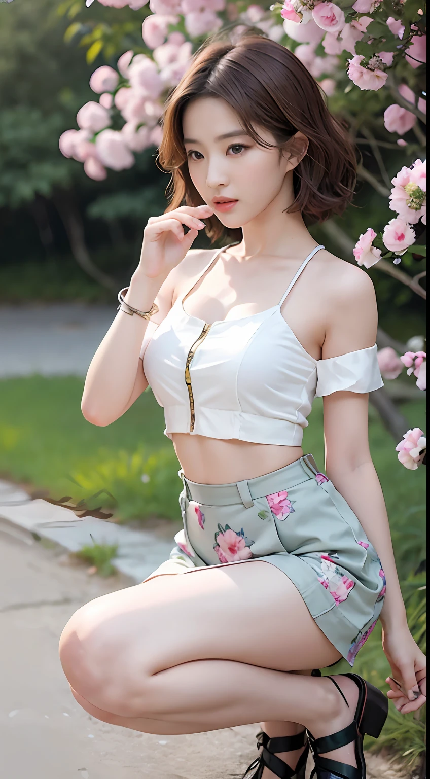 NSFW， 8K Raw photograph， best qualtiy， tmasterpiece， 超高分辨率， filmgrain， cinematic ligh， 1girll， looking at viewert， Natural skin texture， Realistic Eyes and Face Details， full pouty lips， lipsticks， （putting makeup on）， Red eyeshadow， Short fluffy hair， messy  hair， ssmile， Rejoice， beautifullegs， Tall women， being thin， Slim_Legs， 独奏， Brustwarzen， Pose with your hips facing you， Mini print silk skirt， hindquarters， Beautiful natural location， Location of flowers around， （detailedbackground） ， Show a little through the shirt， Footwear， vague background， bblurry， halter，， short- sleeved， The ribbon is around the neck， JK ribbon， brown  hair， bangle， Eau， By bangs， jewely， parted lip， cparted lips， From the side Side， Printed silk skirt， depth of fields，beachside，zona rural，Printed silk suspenders，are standing，