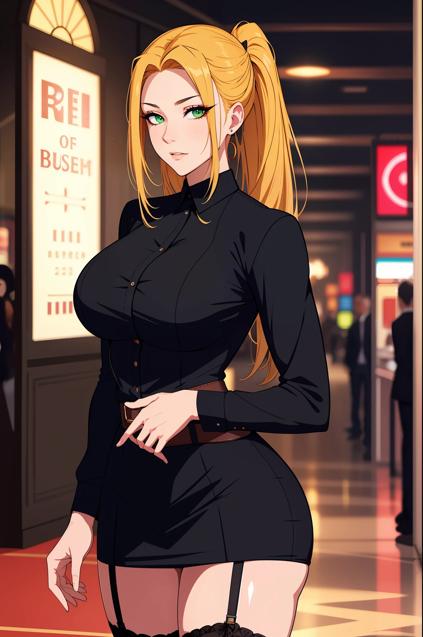 (tmasterpiece,A high resolution,best qualtiy:1.2),8K,highly detailed,复杂,rich colourful,vibrant image,Clear focus,cinematic ligh) blond hairbl,long whitr hair,Green eyes,body builder (Wear black business attire,black_Collared shirt cropped jacket,tiese,tiese,Black frilled skirt,a garter belt,Leather belt) (Large, Perfect round breasts,Hourglass body,Big breasts Thin waist,Very thin waist, photograph realistic,(hyper realisitc:1)big breasts beautiful, tmasterpiece,Best quality at best,extremelydetailedface,s the perfect face,beauitful face,Perfect lighting,Detailed eye makeup,Details of the face,Nice detail eyes,pretty hand,perfect hand,glowing light eyes(realistic pupil,Realistic iris:1)Heavy eye makeup,(empty Casino)(Posing dynamically)High ponytail