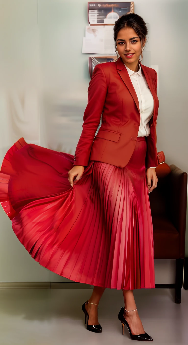 (very shy smiling) young woman, authentic (kind and tender) good woman wearing a short blazer with a very very detailed (long (fully pleated) full circle skirt) and (simple) low heeled office shoes, very very intricate hyper-detailed symmetric (attractive graceful young feminine face) with (sad, tired eyes and a shy smile), large breasts, full of empathy and compassion and love, (pronounced (feminine) features), (highly detailed ultra accurate realistic) hands and fingers, (windy conditions and wind blowing), epic composition, highly detailed attributes, highly detailed atmosphere, (35mm f1.4 Kodak portra 400 photograph), extremely high quality RAW photograph, detailed background, intricate, Exquisite details and textures,