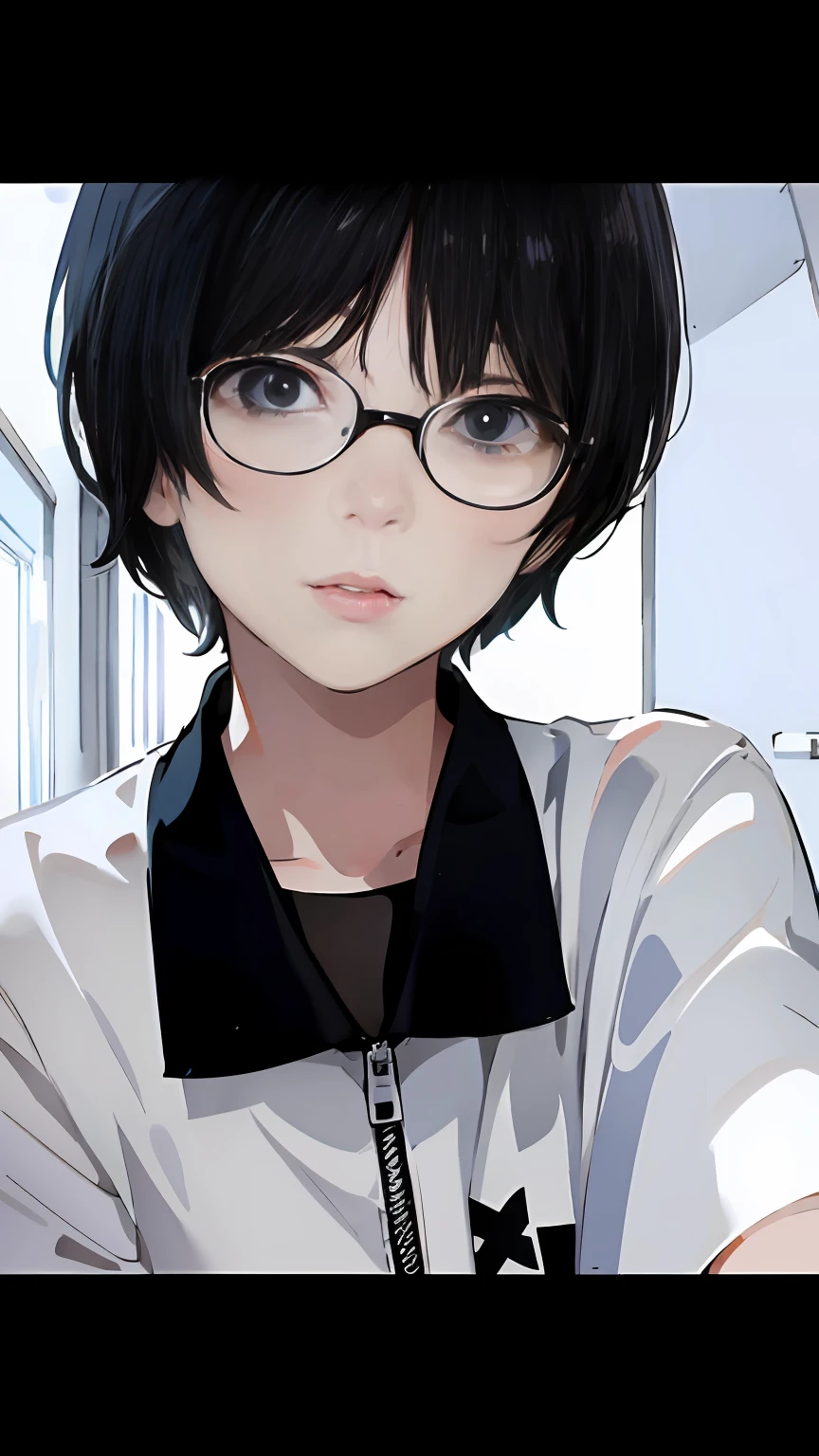 There is a dress with glasses and white zippers with a black collar，the girl poses for a photo,short hair girl, The girl has short black hair,Picocent， wearing thin large round glasses,Plain white background，Hand drawn texture，Plain white background，The viewer's perspective is from the bottom up