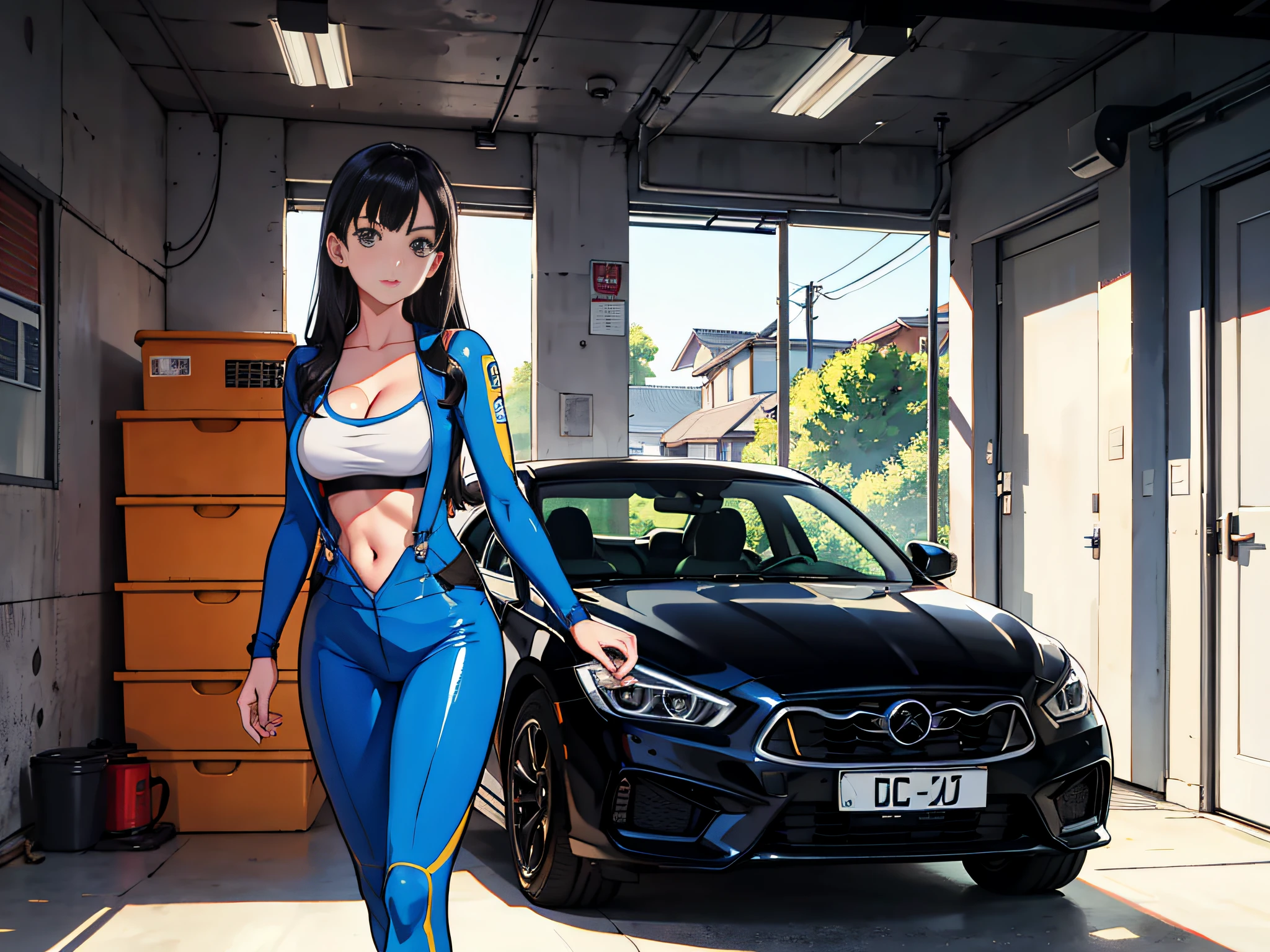 1girll,Solo,Zero, Slender, big breasts beautiful, Young, Little woman, Coveralls,a repairman,tightsuit, pantiess,navel,cleavage,Large breasts,The Car,Garage,Garage