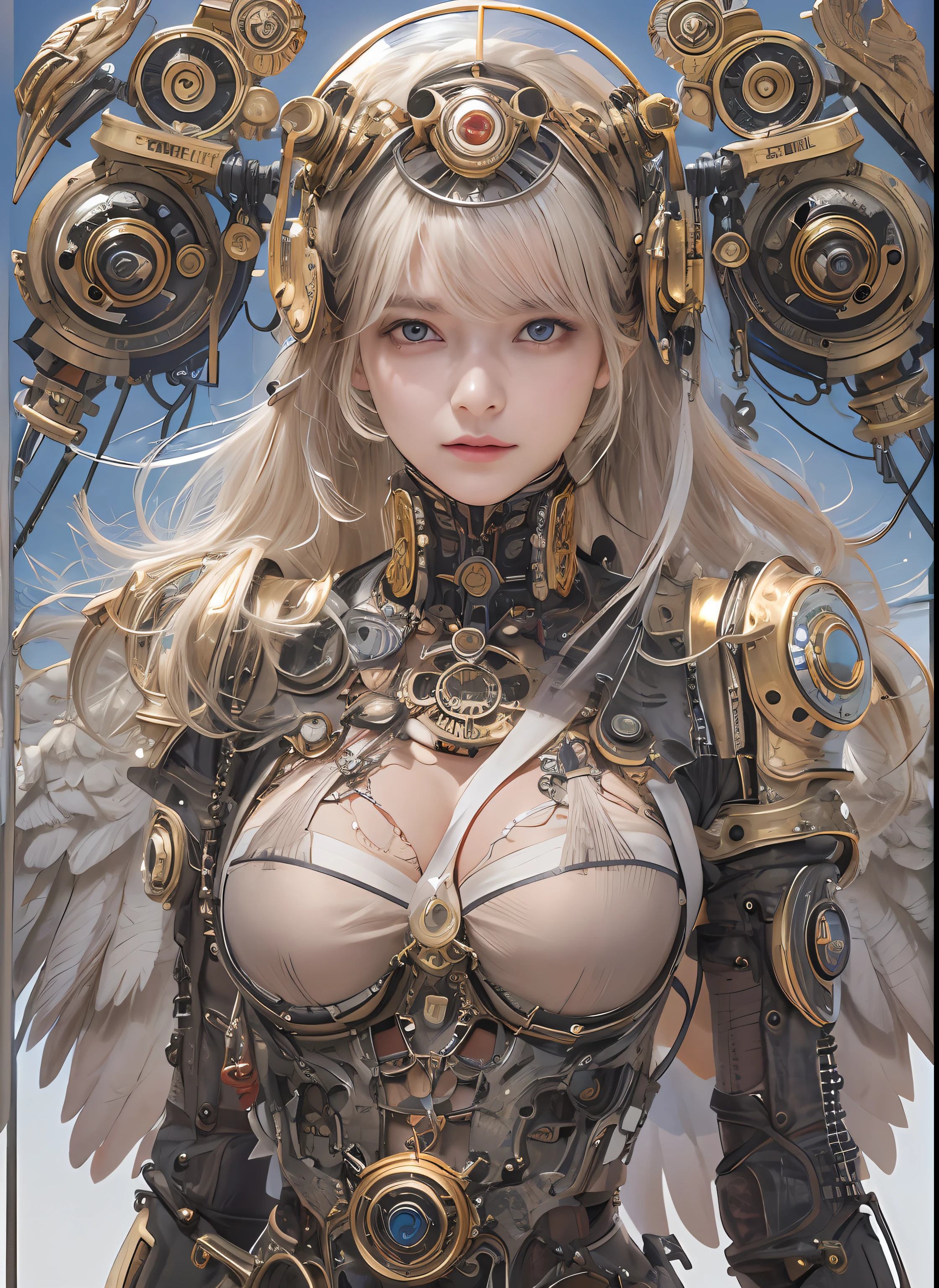 top-quality、masterpiece、超A high resolution、(Photorealsitic:1.4)、Raw photo、女の子1人、a blond、glowy skin、1. Steampunk Angel Cyborg、large metal wings、((super realistic details))、portlate、globalillumination、Shadow、octan render、8K、ultrasharp、Colossal tits、Raw skin is exposed in cleavage、metals、Details of complex ornaments、Steampunk details、Hydraulic cylinder、highly intricate detail、Realistic light、CGSoation Trends、a purple eye、radiant eyes、Facing the camera、neon details、Mechanical limbs、blood vessels connected to tubes、Mechanical vertebrae attached to the back、mechanical cervical attaching to neck、cowboy shot、Wires and cables connecting to the head、Sumerian details、Small LED lamp、