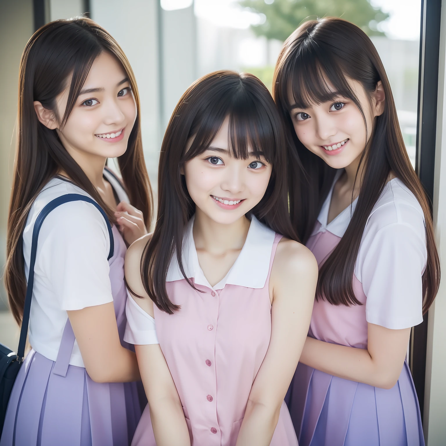 Nogizaka 46 Girls、3 beautiful girls、student clothes、NSFW、17 age、head shot、Coming to the hotel、A smile