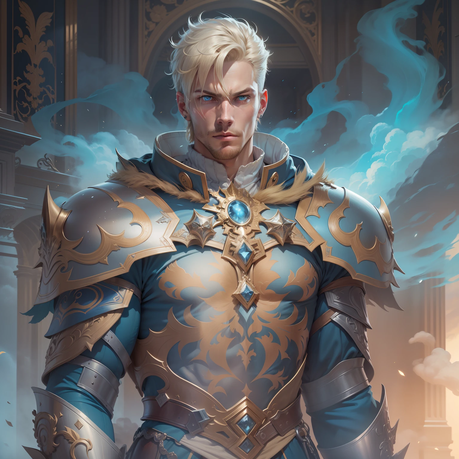 realistic image of a blond man with short hair, 30s, tall, strong, extremely detailed blue eyes, with a devilish expression, dressed in a silver armor torso and golden shoulder pads of a rpg warrior, standing in a large royal palace covered with clouds of dust surrounded by a bright blue aura