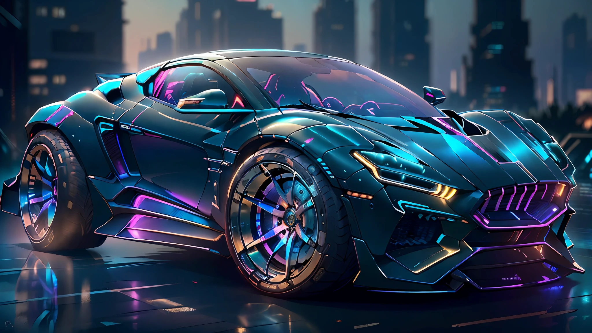 (CyberPunkAI:1.2), (BugattiAI:0.4), (sleek symmetrical futuristic sports car:1.2) with a futuristic weapon mount, (iridescent blue:1.4) paint, (city background, at night:1.4), highly detailed rims, (glowing rims:1.2), (intricate details, golden ratio, masterpiece:1.2), (8k, photorealistic, insane quality, best quality:1.6), extremely detailed, highest detail, highly detailed, incredibly detailed
