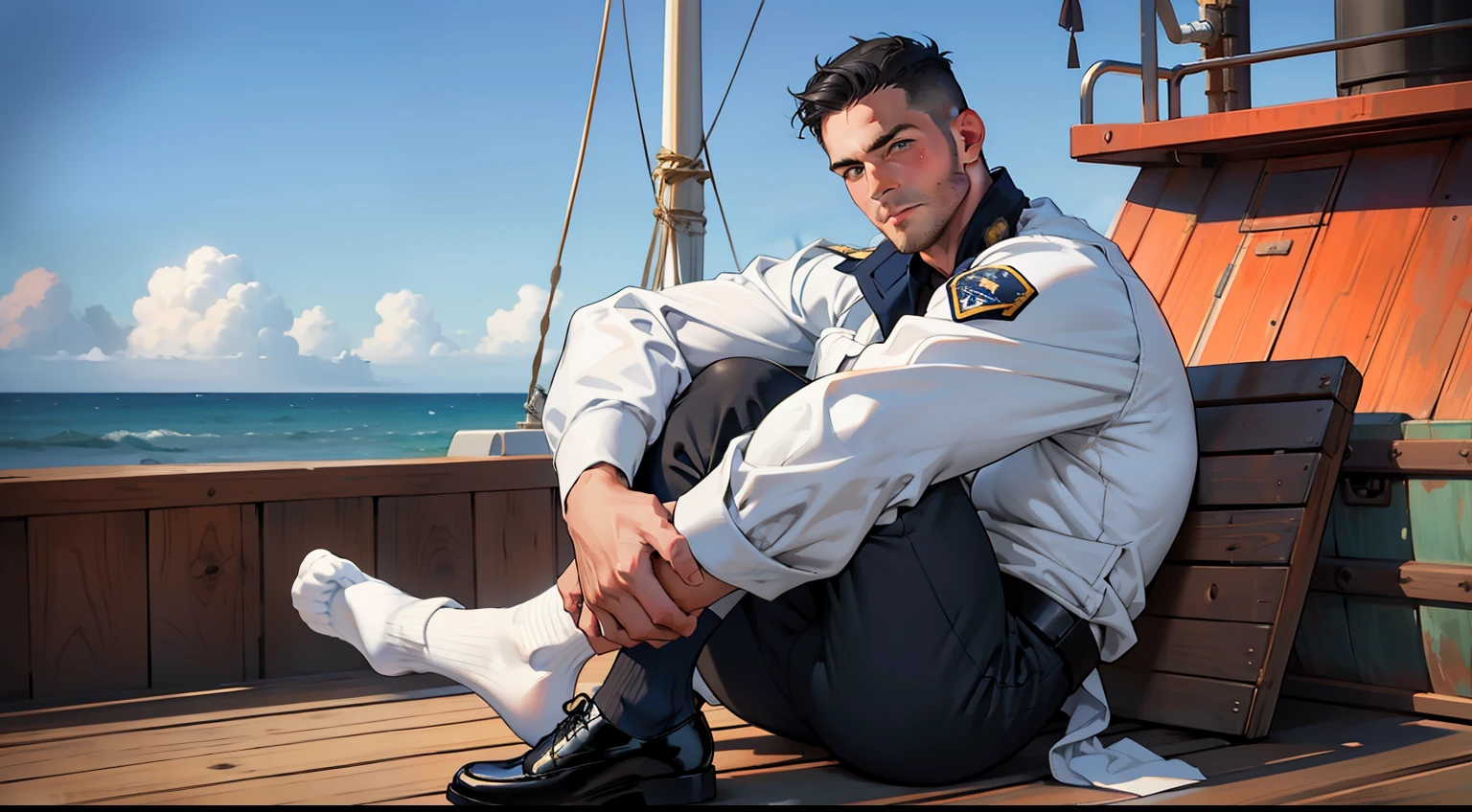 masterpiece, best quality, face, natural eyes, 1man, european, big feet, black socks, full body, large bulge, long legs, looking at viewer, 30 years old, muscled and mature, sea, a navy soldier, white navy army uniform, wearing balck leather shoe, short haircut, sitting on a ship deck with legs streched, deck, ship, sea, ship deck, blue eyes, flush, organism, face covered with white fluids, sweating, tight cloth, erecting