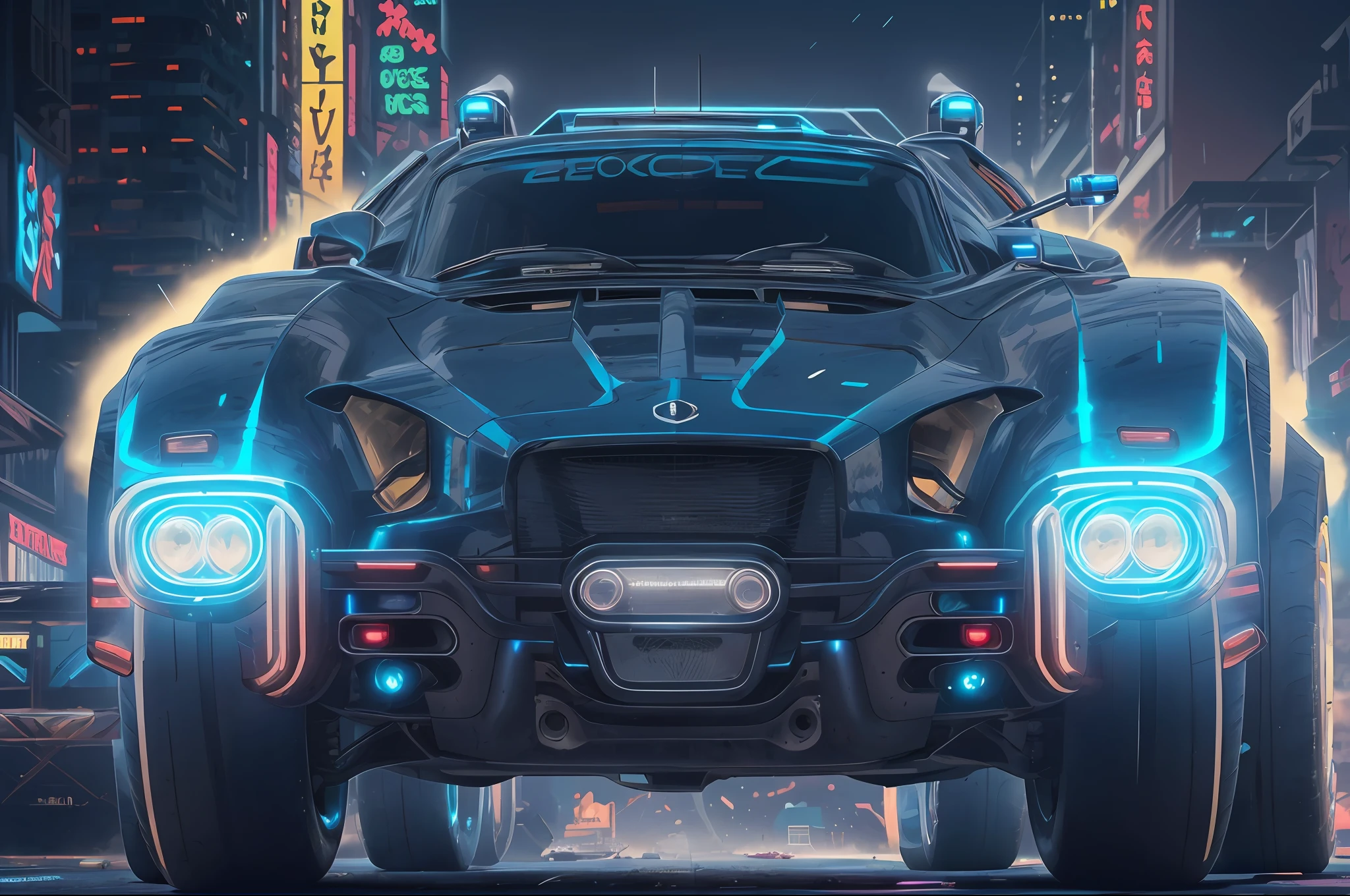 a 3/4 front view of ((futuristic cyberpunk hotrod zeekars)) (with glowing tires), neon glow , cyberpunk muscle car, lighting storm in the background, Black and ((dark blue)), in cyberpunk city, ((badass))