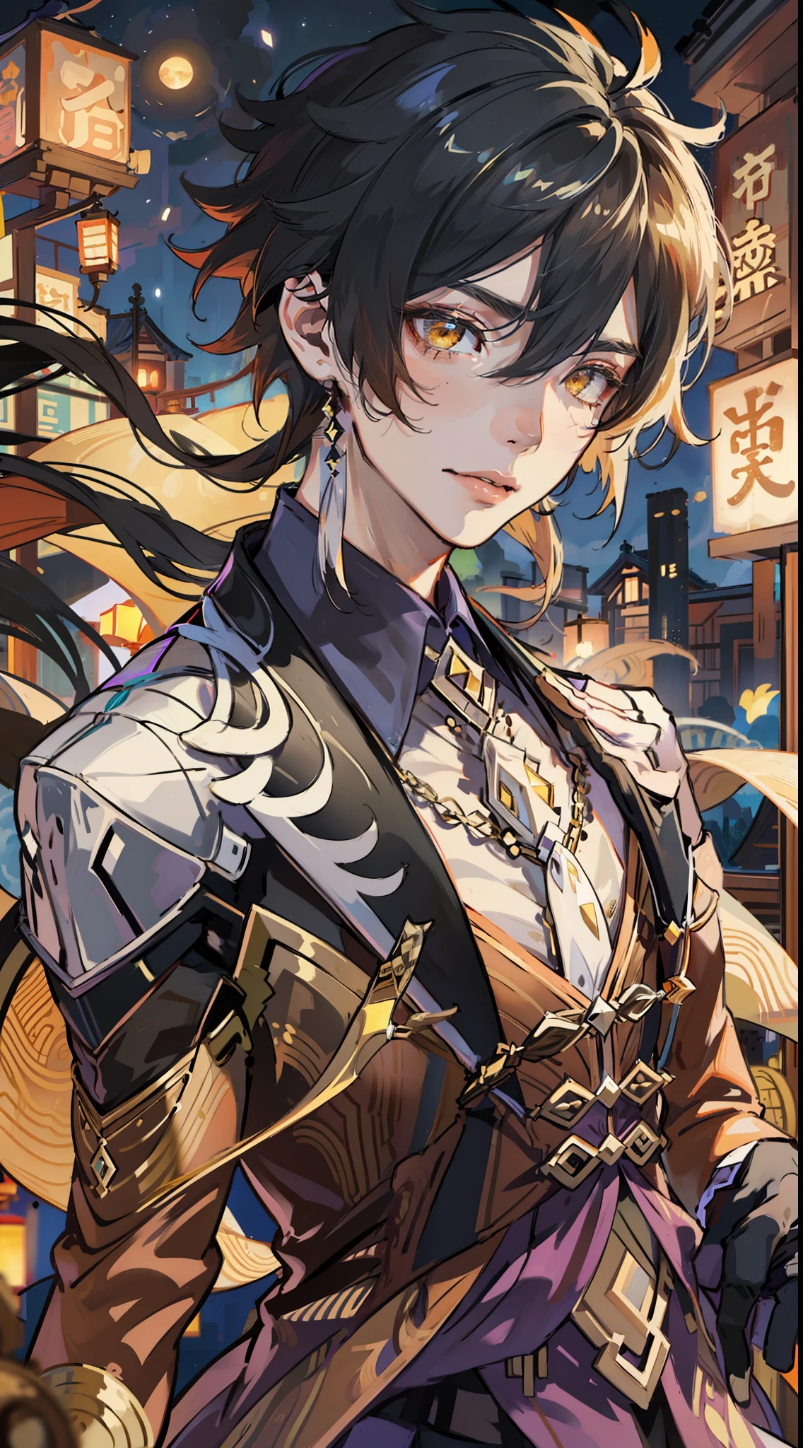 (Very detailed CG unity 8k wallpaper,tmasterpiece,Best quality at best,ultra - detailed),(The best lighting,The best shadow),s the perfect face,dynamicposes,dynamic angle,((1boy)),独奏,Face,The upper part of the body,Food focus,Zhongli(genshin impact),(suji:1.1),(Take a large bowl:1.2),black bowl,(donburi,suji,tempura,shrimp tempura:1.1),Food steam,desks,Keep one's mouth shut,looking at viewert,Long hair,brown hair,lanterns,single earring,mitts,nipple tassels,By bangs,Black gloves,trinkets,Tassel earrings,pony tails,Hair between both eyes,jaket,longer sleeves,Yellow eyes,耳Nipple Ring,O cabelo multicolorido,The shirt,tiese,collared shir,formal outfit,Business suit,trouser,Gradient hair detailed background,liyue-kozue,scenecy,nighttime scene,stall,Skysky,themoon,Clouds,vessels,Bridges,Mare,Eau,mont,(light particules:1.0)