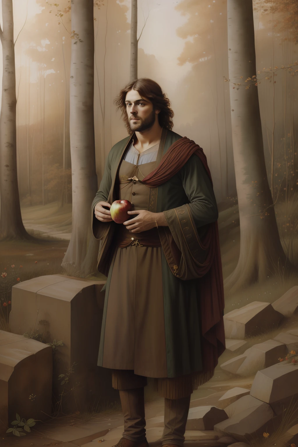 (((pintura pre raphaelie))) homem selvagem coberto de folhas de outono, holds an apple, miserable clothes, homem velho, barba branca, louco da floresta, paisagem celta, floresta encantada, roupa rasgada, homem celta pobre, rustic man, macieiras, mendigo
