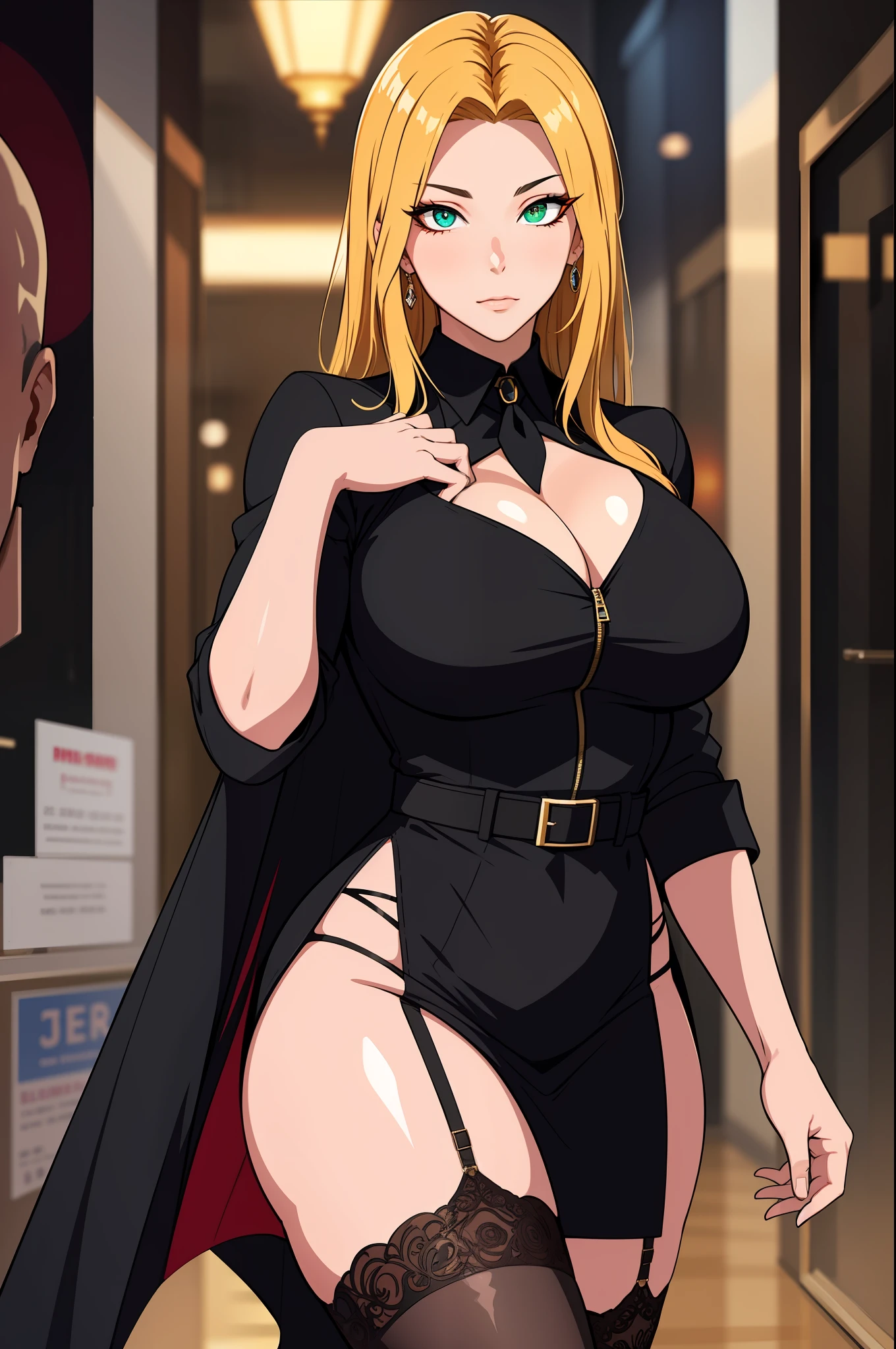 （tmasterpiece，A high resolution，best qualtiy：1.2），8K，highly  detailed，复杂，rich colourful，vibrant image，Clear focus，cinematic ligh） blond hairbl，long whitr hair，Green eyes，body builder （Wear black business attire，black_Collared shirt cropped jacket，tiese，tiese，Black frilled skirt，a garter belt，Leather belt） （Large, Perfect round breasts，Hourglass body，Big breasts Thin waist，Very thin waist， photograph realistic，（hyper realisitc：1）big breasts beautiful， tmasterpiece，Best quality at best，extremelydetailedface，s the perfect face，beauitful face，Perfect lighting，Detailed eye makeup，Details of the face，Nice detail eyes，pretty hand，perfect hand，glowing light eyes（realistic pupil，Realistic iris：1）Heavy eye makeup，（empty Casino）（Posing dynamically）pantiess