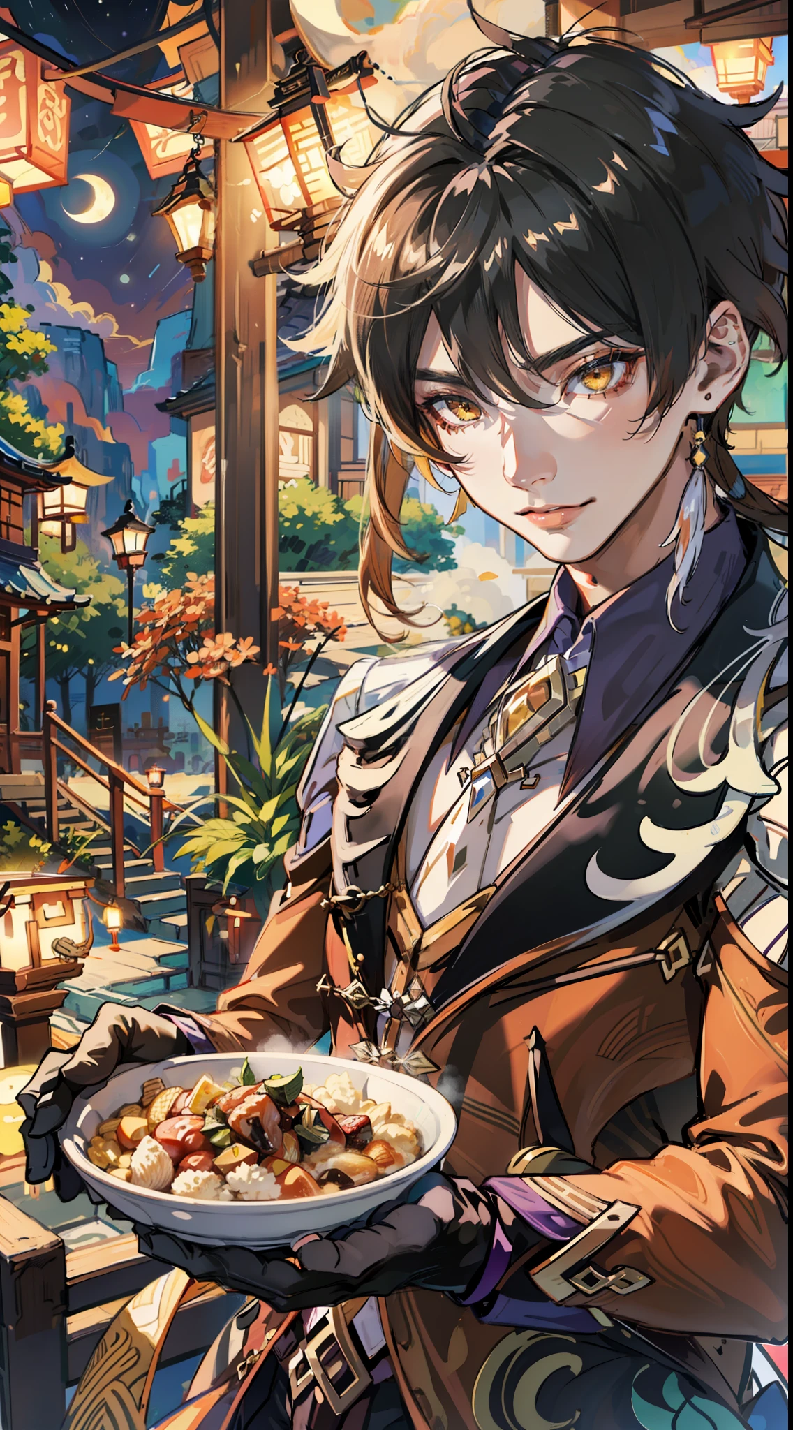 (Very detailed CG unity 8k wallpaper,tmasterpiece,Best quality at best,ultra - detailed),(The best lighting,The best shadow),s the perfect face,dynamicposes,dynamic angle,((1boy)),独奏,Face,The upper part of the body,Food focus,Zhongli(genshin impact),(suji:1.1),(Take a large bowl:1.2),black bowl,(donburi,suji,tempura,shrimp tempura:1.1),Food steam,desks,Keep one's mouth shut,looking at viewert,Long hair,brown hair,lanterns,single earring,mitts,nipple tassels,By bangs,Black gloves,trinkets,Tassel earrings,pony tails,Hair between both eyes,jaket,longer sleeves,Yellow eyes,耳Nipple Ring,O cabelo multicolorido,The shirt,tiese,collared shir,formal outfit,Business suit,trouser,Gradient hair detailed background,liyue-kozue,scenecy,nighttime scene,stall,Skysky,themoon,Clouds,vessels,Bridges,Mare,Eau,mont,(light particules:1.0)