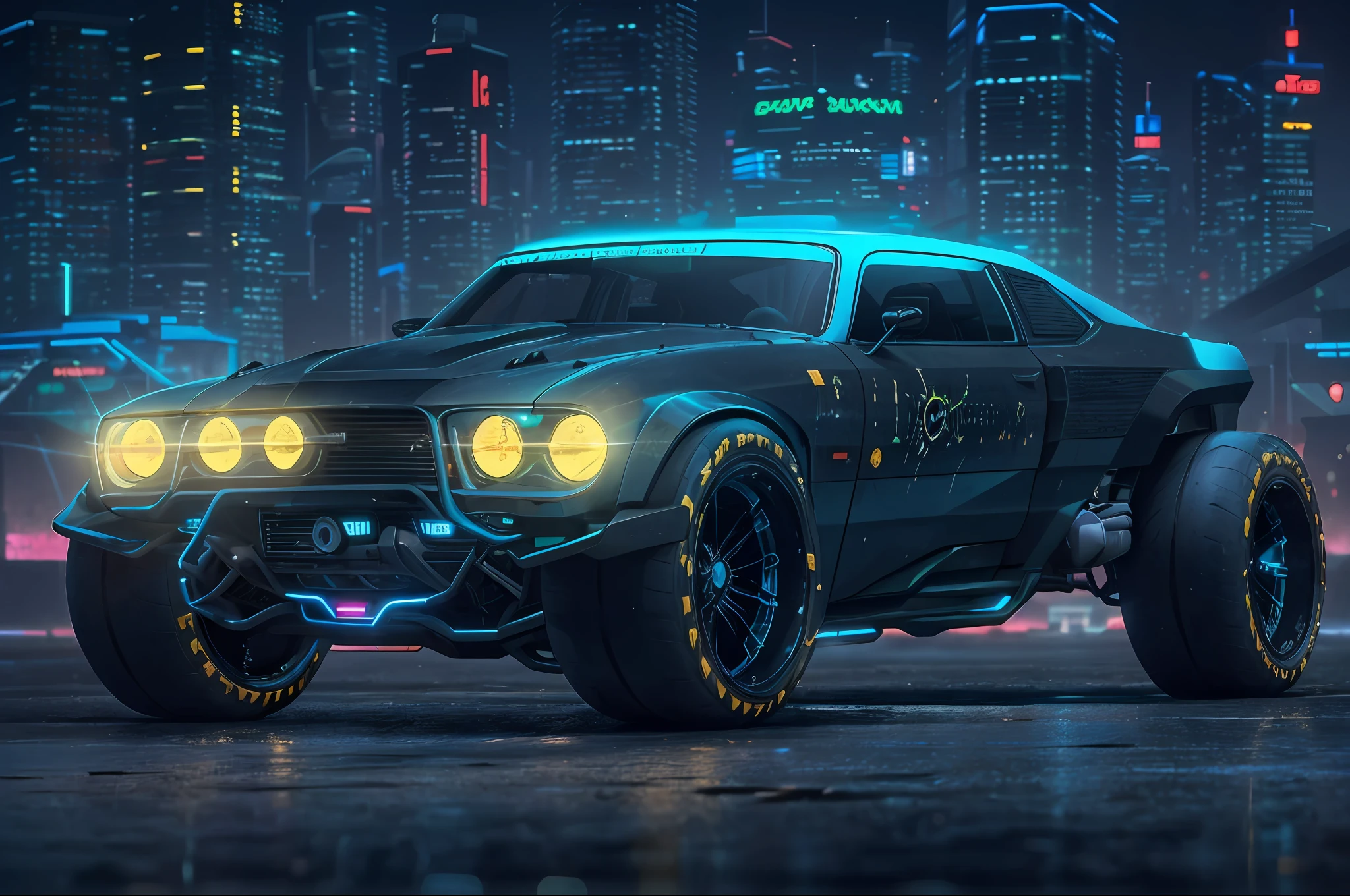 a 3/4 front view of ((futuristic cyberpunk hotrod zeekars)) (with glowing tires), neon glow , cyberpunk muscle car, lighting storm in the background, Black and ((dark blue)), in cyberpunk city, ((badass))