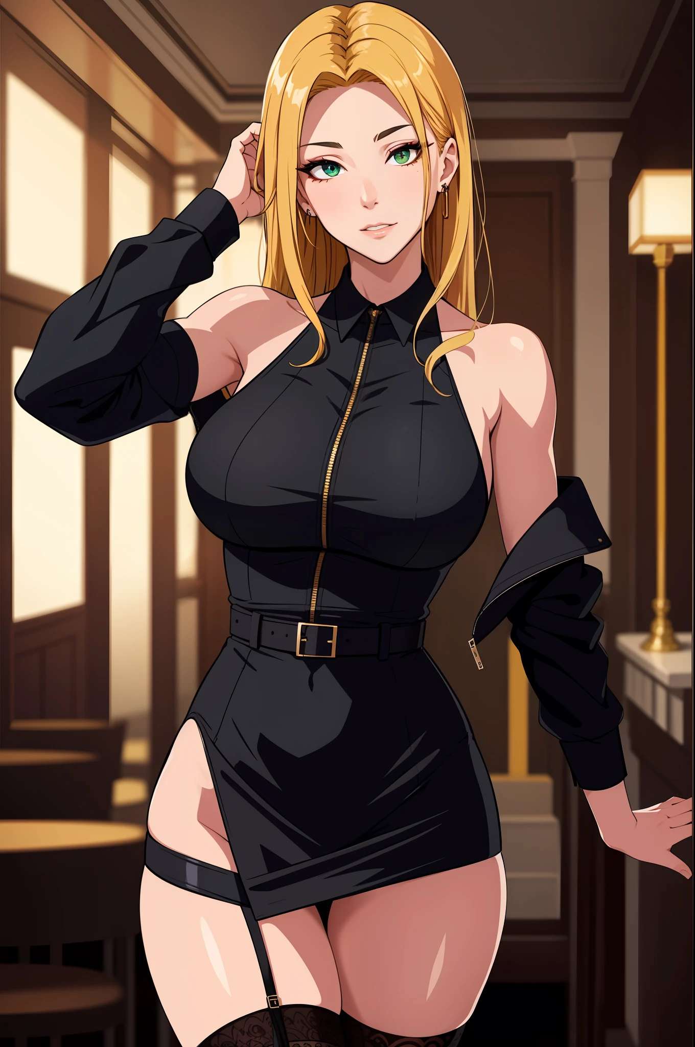 (tmasterpiece,A high resolution,best qualtiy:1.2),8K,highly detailed,复杂,rich colourful,vibrant image,Clear focus,cinematic ligh) blond hairbl,long whitr hair,Green eyes,body builder (Wear black business attire,black_Collared shirt cropped jacket,tiese,tiese,Black frilled skirt,a garter belt,Leather belt) (Large, Perfect round breasts,Hourglass body,Big breasts Thin waist,Very thin waist, photograph realistic,(hyper realisitc:1)big breasts beautiful, tmasterpiece,Best quality at best,extremelydetailedface,s the perfect face,beauitful face,Perfect lighting,Detailed eye makeup,Details of the face,Nice detail eyes,pretty hand,perfect hand,glowing light eyes(realistic pupil,Realistic iris:1)Heavy eye makeup,(empty Casino)(Posing dynamically)pantiess