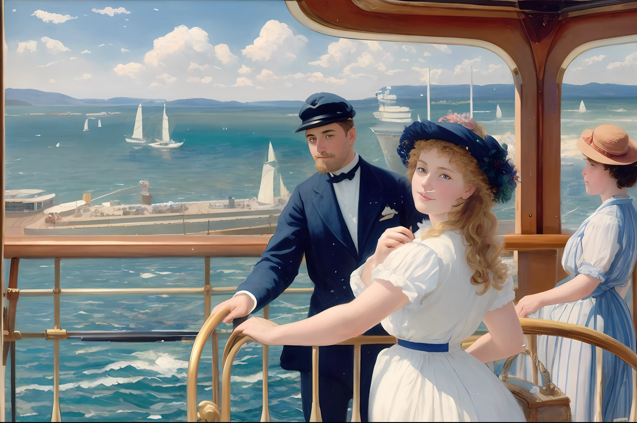 painting of a couple on a boat with a view of the ocean, albert lynch, on the deck of a ship, on the deck of a sailing ship, on the sea, by Antonio Ciseri, peder severin kroyer, by Edmund Leighton, by Paul Gustav Fischer, on a yacht at sea, by Paul Gustave Fischer, frederick judd waugh