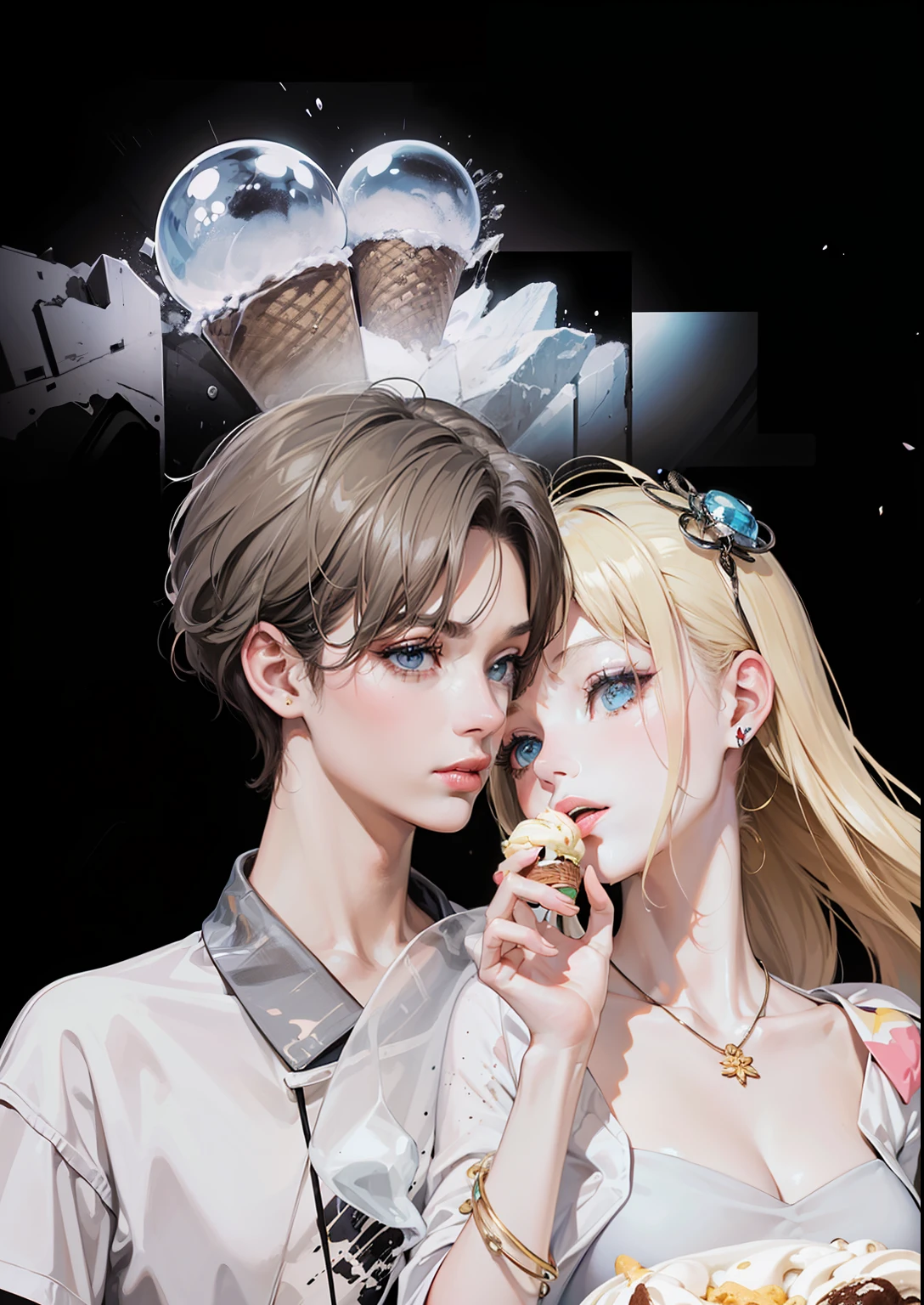 (masterpiece, top quality, best quality, official art, beautiful and aesthetic:1.2),(1girl:1.3),extreme detailed,colorful,highest detailed,glitch art,(digital distortion),pixelated fragments,data corruption,colorful noise,visual chaos,contemporary aesthetics,((Ice Cream)),Liquid Nitrogen Ice Cream，mein mein ice,Granita,Gelato ,popsicle,ice cream bar,