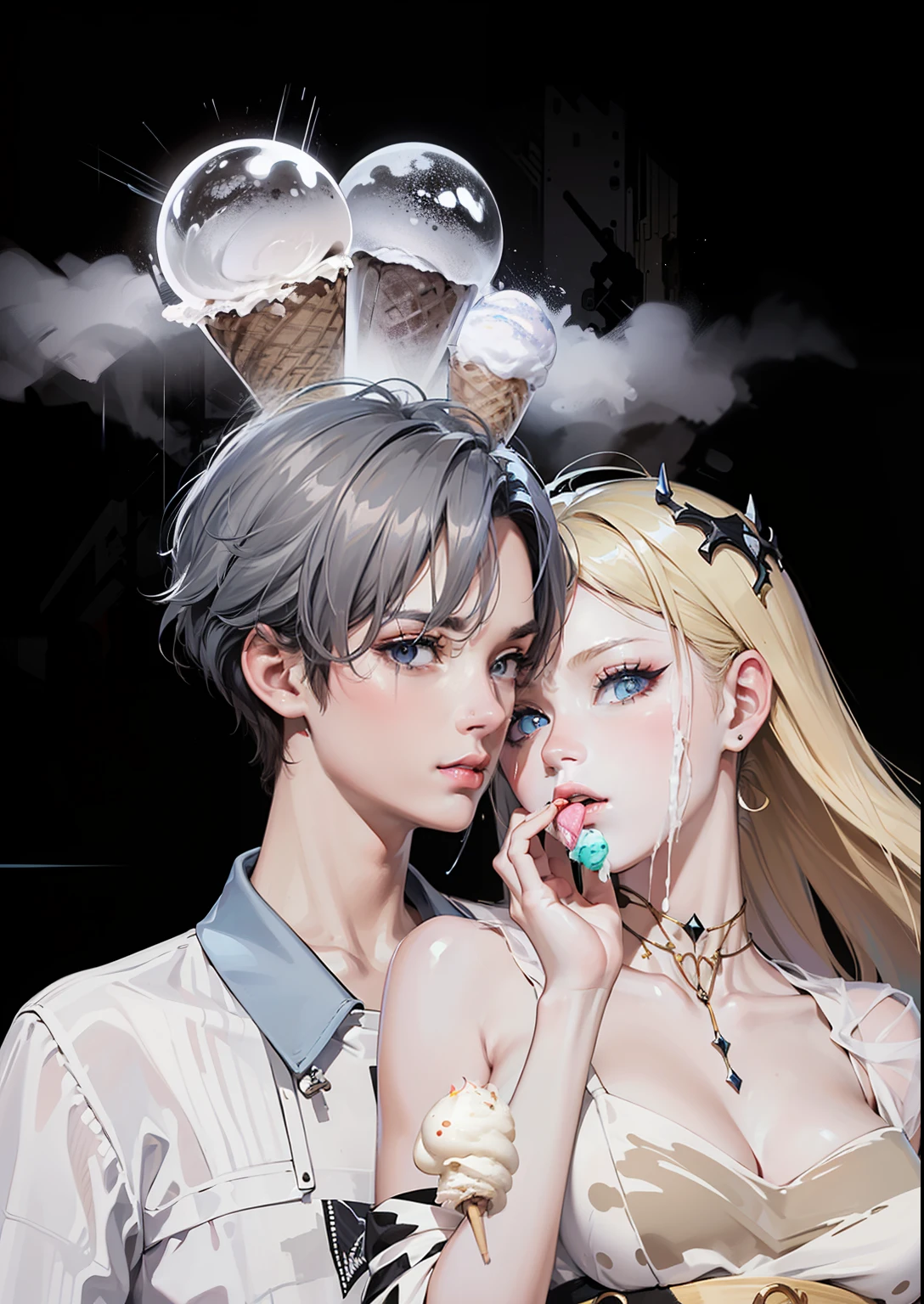 (masterpiece, top quality, best quality, official art, beautiful and aesthetic:1.2),(1girl:1.3),extreme detailed,colorful,highest detailed,glitch art,(digital distortion),pixelated fragments,data corruption,colorful noise,visual chaos,contemporary aesthetics,((Ice Cream)),Liquid Nitrogen Ice Cream,mein mein ice,Granita,Gelato ,popsicle,ice cream bar,