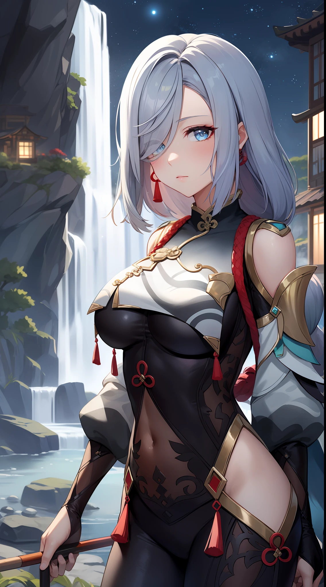 shenhedef, upper body, serious expression, blush, outdoors, night, liyue house background, night starry sky, short hair, sky, beautiful nature surrounding by waterfall, looking at viewer, mountain, moody lighting, (perfect detail eyes:1.2), glowing eyes, long hair braid