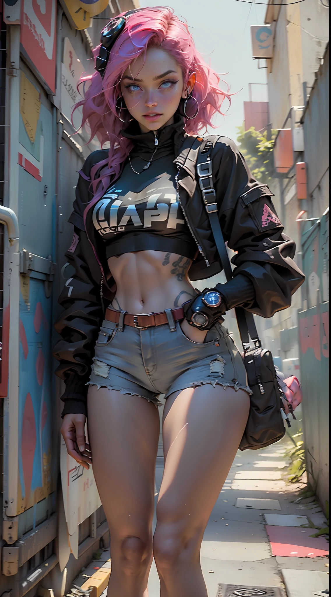 girl 26 years old, ojos azules, ojos abiertos, sonrisa seductora, cuerpo perfecto, foto realista, senos grandes, pelo corto y rosado, atletic body, viste falda ciberpunk corta, chaqueta roja ciberpunk, Music Headset Holder ,esta parada hacia delante, piernas abiertas, cuerpo completo, Watch camera, calidad suprema, render Octane, 8K, profundidad de campo, Background street cyberpunk effects and neon lights