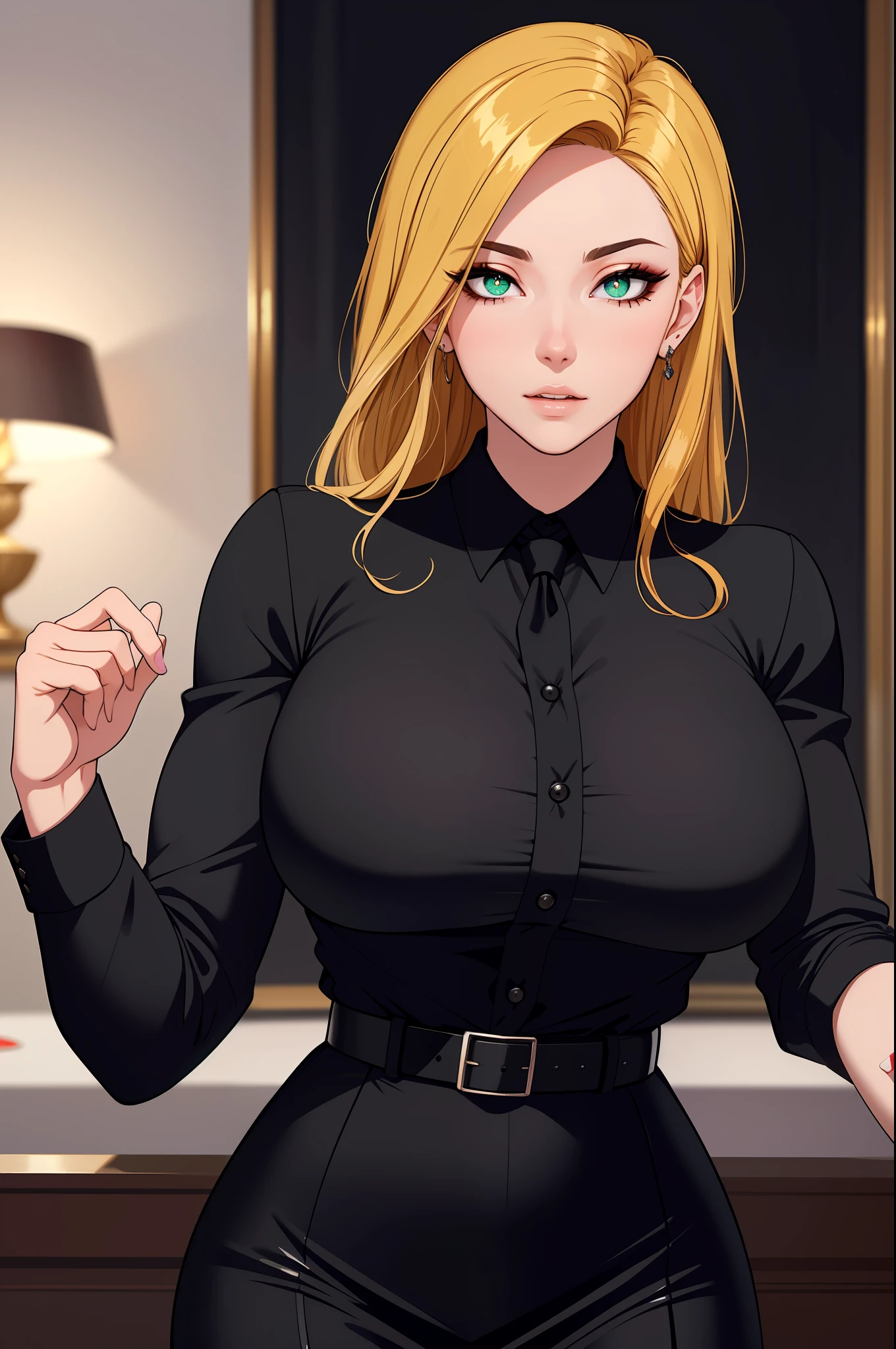 (masterpiece, highres, best quality:1.2), 8K, highly detailed, intricate, colorful, vibrant image, sharp focus, cinematic) blonde hair, long hair, green eyes, body builder (Wearing black business outfit, black_collared shirt cropped jacket ,tie,necktie,black frilled skirt, garter straps, leather waist belt) (big perfect round breasts,hourglass body, thin waist,very thin waist, Photo realistic,(hyperrealistic:1)beautiful, masterpiece, best quality, extremely detailed face,perfect face,beautiful face, perfect lighting,detailed eye makeup, detail face, nice detailed eyes,nice hands, perfect hands,glowing eyes (realistic pupils,realistic iris:1) heavy eye makeup,(empty Casino)(Posing dynamically)