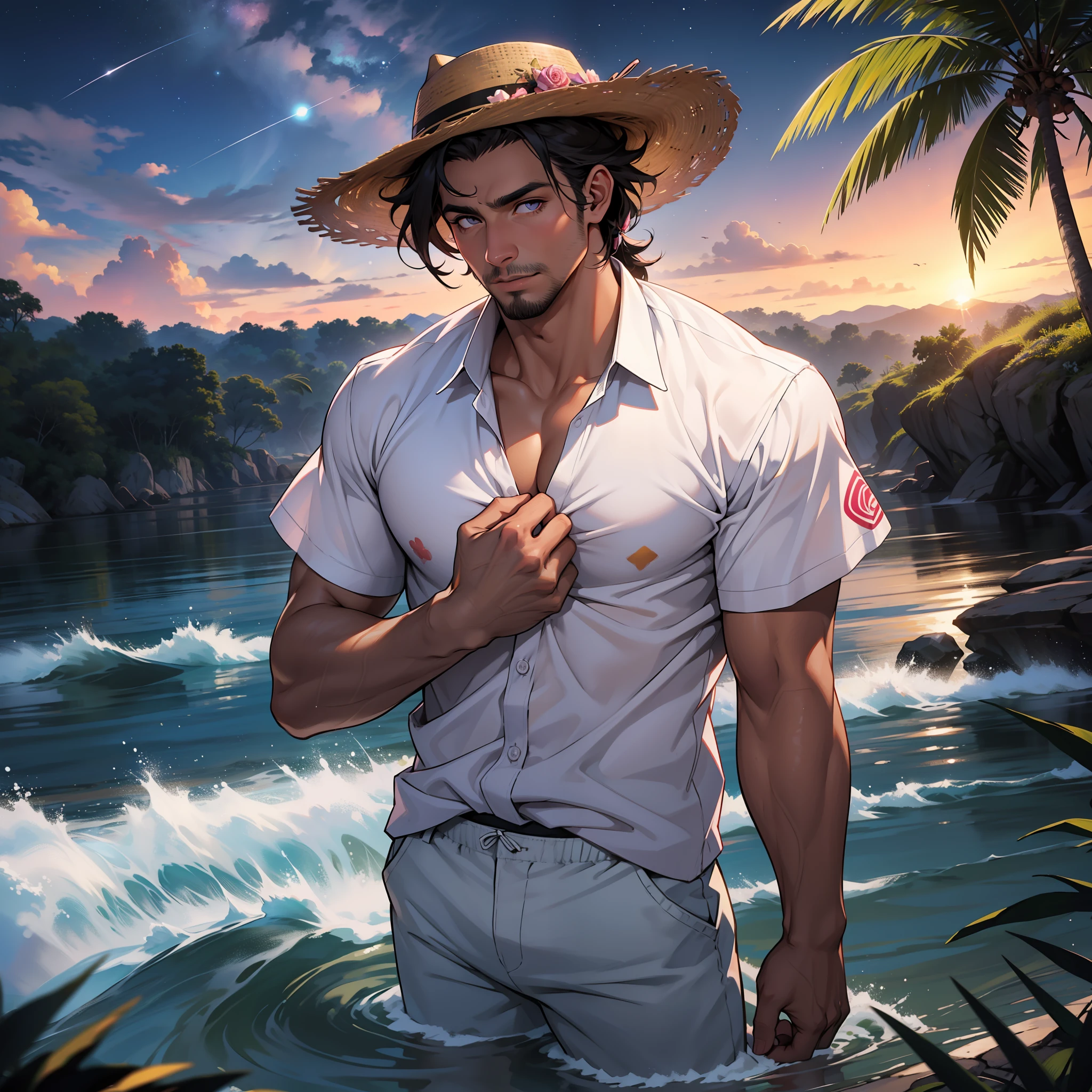 homem latino brasileiro, pele bronzeada , rosto muito bonito com olhos amarelos e barba curta, wearing a pink and white hat, camisa rosa aberta, peito grande , white pant, cinto rosa, coming out of a river in the middle of the Amazon , uma noite estrelada, uma enorme lua cheia ao fundo, many stars in the sky