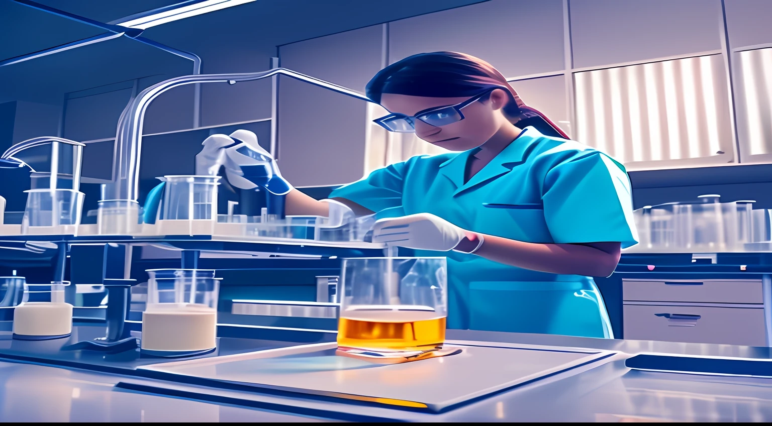 Future chemical scientist working in laboratory at night, desparate, full laboratory view