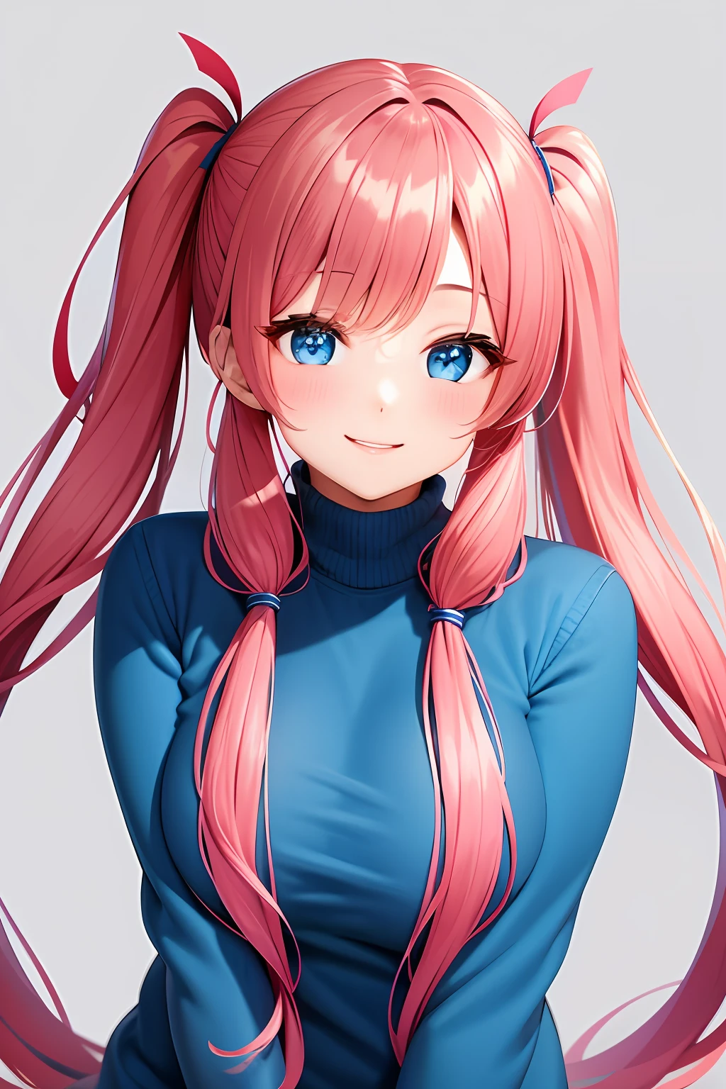 Beautiful smiling girl with long hair twintails blue eyes red sweater simple background