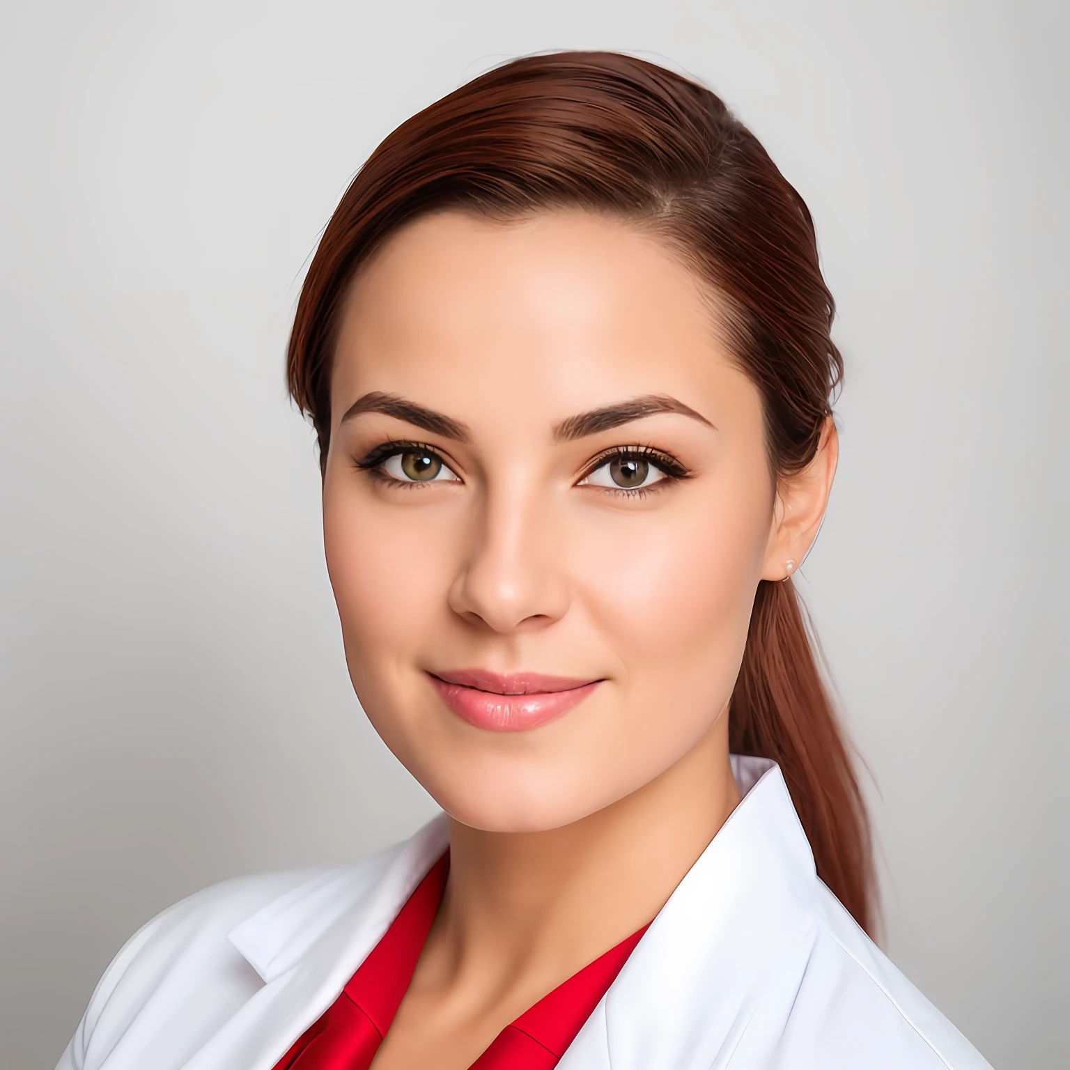 Smiling woman in white lab coat with red tie and white shirt, fotografia headshot, foto headshot, Retrato headshot, foto de closeup profissional, retrato profissional close-up, foto de perfil profissional, medical photography, retrato profissional, Retrato do perfil, imagem retrato, head and shoulder shot, foto retrato profissional, professional headshot, fotografia de retrato profissional, Foto profissional detalhada, amazing professional picture, Retrato promocional