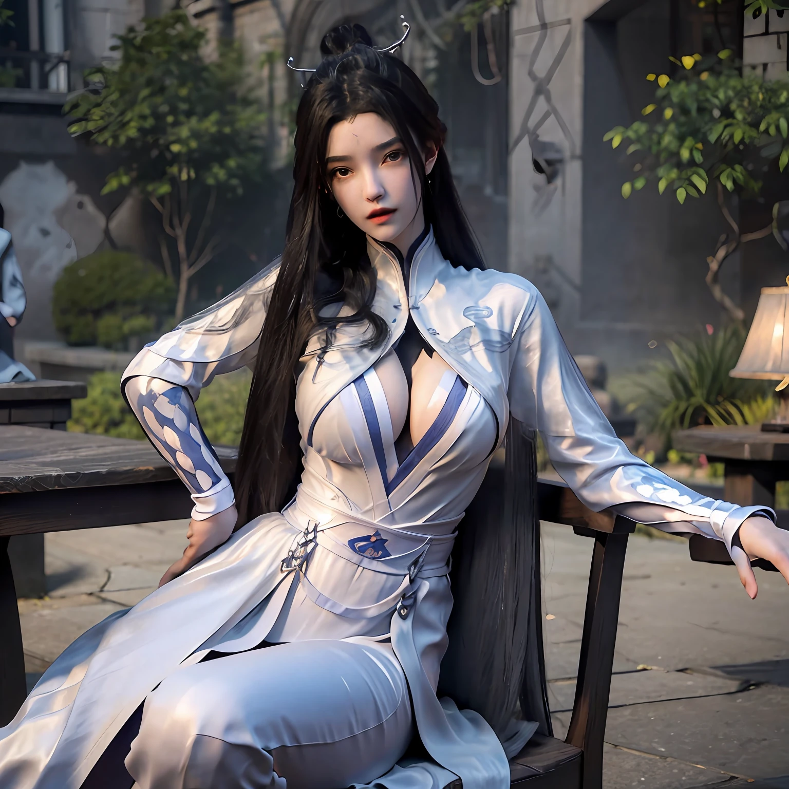 1girl, (8k, best quality, masterpiece, ultra highres), photorealistic, (ultra detailed face and eyes, detailed body), perfect proportion, (big breasts), beautiful woman with big breasts, sitting on the chair, black hair, long hair, open leg, sexy body, comfortable expression,