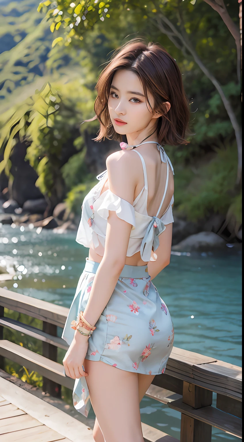 NSFW， 8K Raw photograph， best qualtiy， tmasterpiece， 超高分辨率， filmgrain， cinematic ligh， 1girll， looking at viewert， Natural skin texture， Realistic Eyes and Face Details， full pouty lips， lipsticks， （putting makeup on）， Red eyeshadow， Short fluffy hair， messy  hair， ssmile， Rejoice， beautifullegs， Tall women， being thin， Slim_Legs， 独奏， Brustwarzen， Pose with your hips facing you， Mini print silk skirt， hindquarters， Beautiful natural location， Location of flowers around， （detailedbackground） ， Show a little through the shirt， Footwear， vague background， bblurry， halter，， short- sleeved， The ribbon is around the neck， JK ribbon， brown  hair， bangle， Eau， By bangs， jewely， parted lip， cparted lips， From the side Side， Printed silk skirt， depth of fields，beachside，zona rural，Printed silk suspenders，are standing，