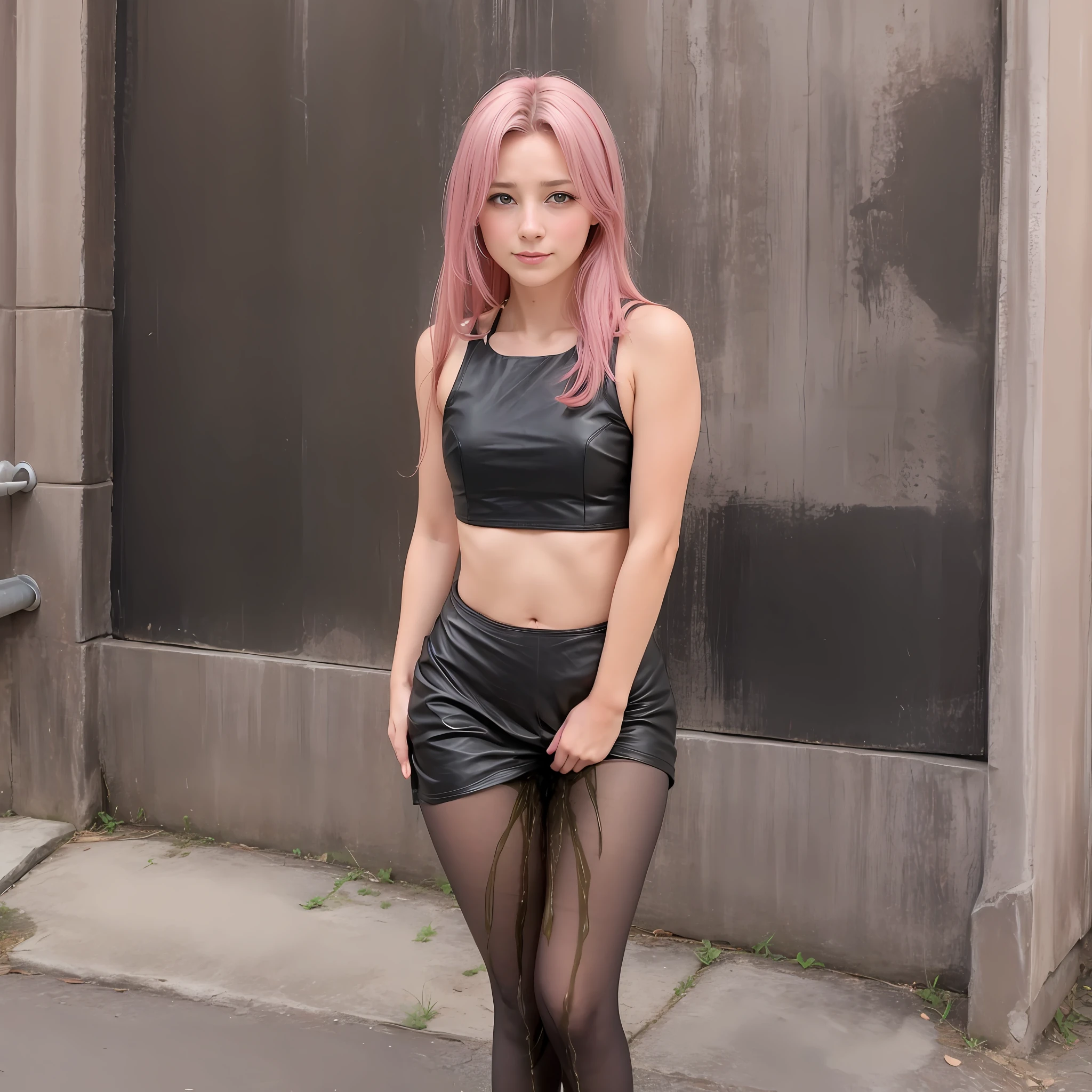 Girl in tights, leather skirt, The color of the skirt is pinkish, писает, Urinating, I wet myself