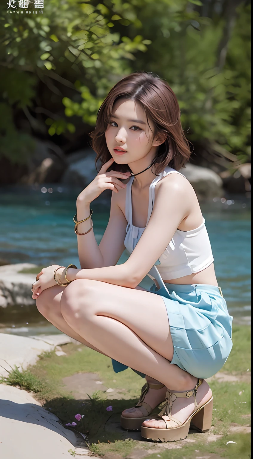 NSFW, 8K Raw photograph, best qualtiy, tmasterpiece, 超高分辨率, filmgrain, cinematic ligh, 1girll, looking at viewert, Natural skin texture, Realistic Eyes and Face Details, full pouty lips, lipsticks, (putting makeup on), Red eyeshadow, Short fluffy hair, messy hair, ssmile, Rejoice, beautifullegs, Tall women, being thin, Slim_Legs, 独奏, Brustwarzen, Pose with your hips facing you, Mini print silk skirt, hindquarters, Beautiful natural location, Location of flowers around, (detailedbackground) , Show a little through the shirt, Footwear, vague background, bblurry, halter,, short- sleeved, The ribbon is around the neck, JK ribbon, brown hair, bangle, Eau, By bangs, jewely, parted lip, cparted lips, From the side Side, Printed silk skirt, depth of fields,beachside,zona rural,Printed silk suspenders,are standing,
