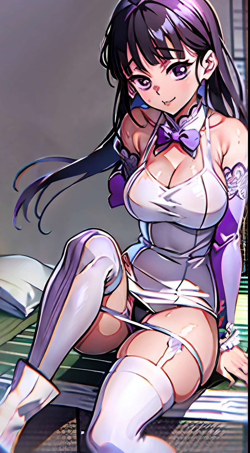Kanao Tsuyuri wearing white stockings , sexy , hot , oiled body , intricate purple