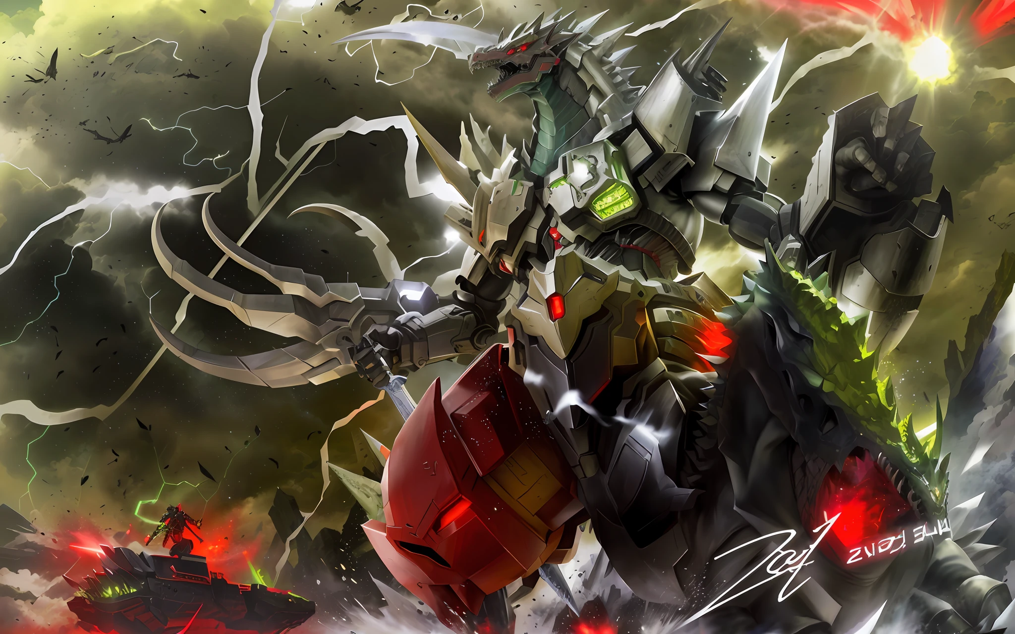 Draw a man riding a horse,With a sword and a red bag, Godzilla vs. Mecha Godzilla, Fan art, vegetal dragon cyborg, Game art!!, inspired by Ryūsei Kishida, dragon cyborg, mecha art, as a badass monster hunter, advanced digital anime art ”, Mecha Godzilla, author:Zahari Zograf