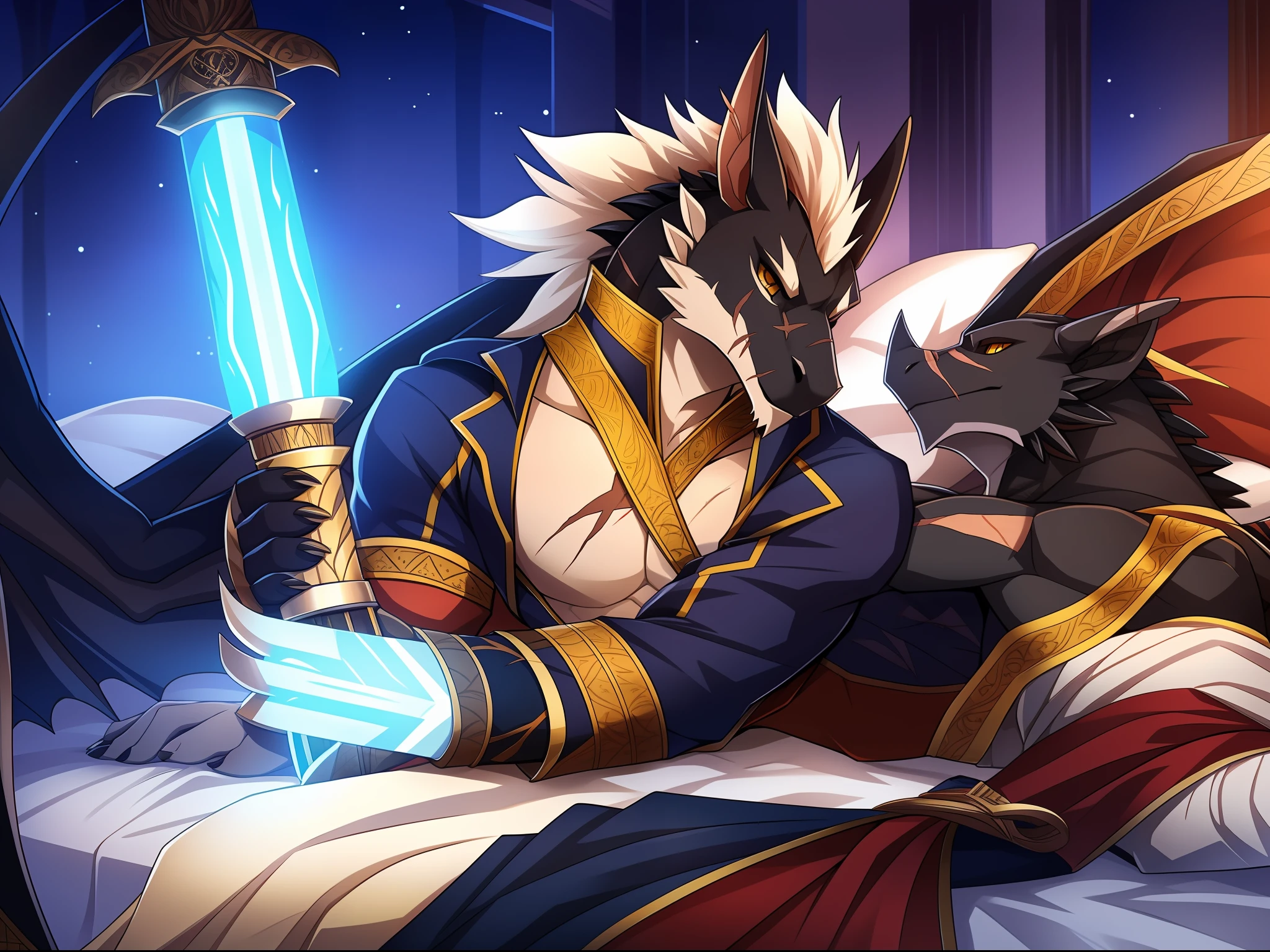Western Black Dragon(Species),校服,Bright golden eyes,toned figure,Majestic character,Armed with a beautiful saber,Lie on the big bed,Full of oppression,is handsome and charming,There is a scar on the chest