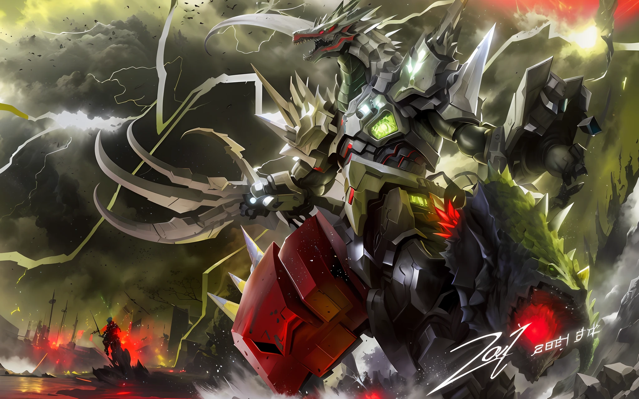 Draw a man riding a horse,With a sword and a red bag, Godzilla vs. Mecha Godzilla, Fan art, vegetal dragon cyborg, Game art!!, inspired by Ryūsei Kishida, dragon cyborg, mecha art, as a badass monster hunter, advanced digital anime art ”, Mecha Godzilla, author:Zahari Zograf