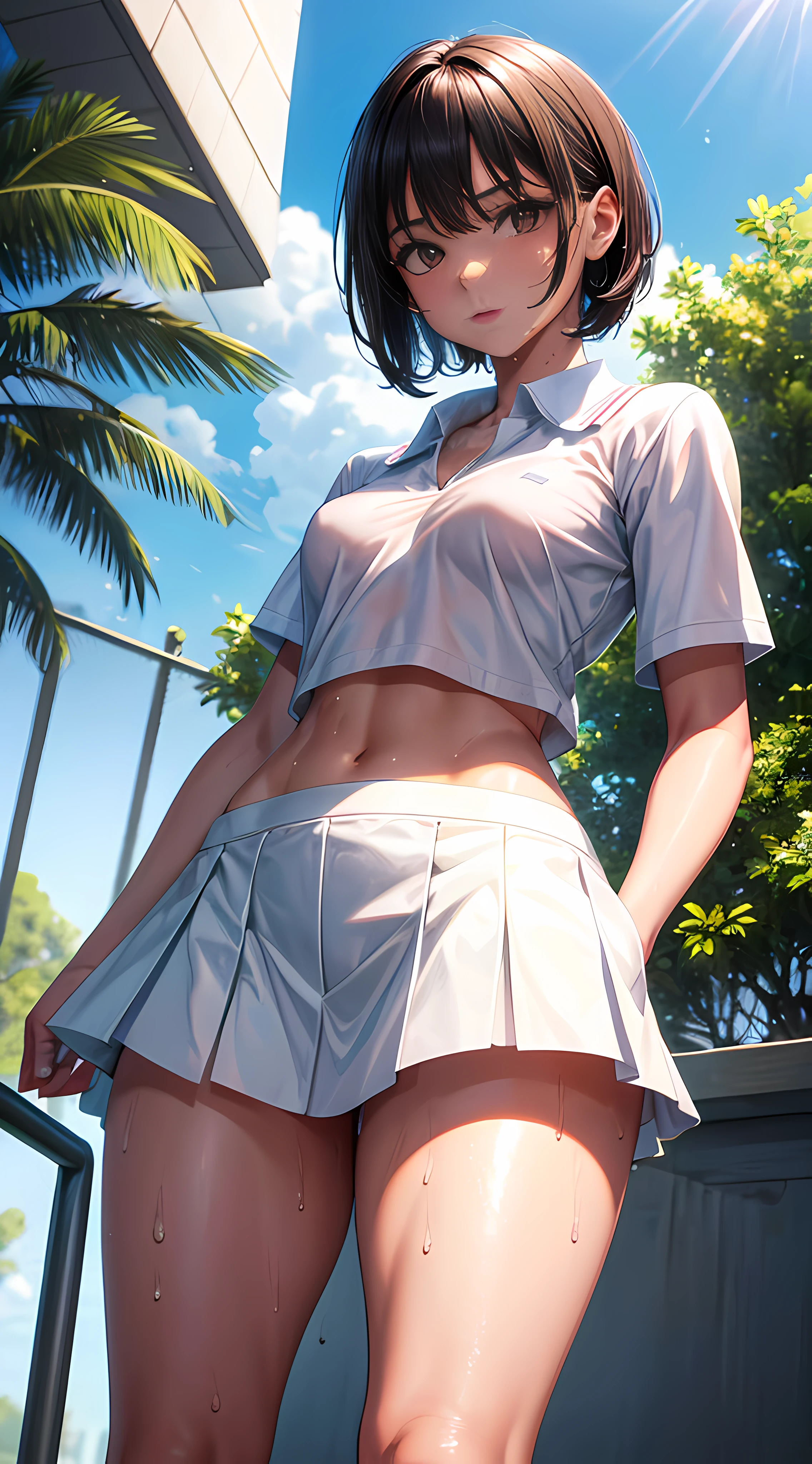 1girl, solo, white polo shirt, white sneakers, tennis wear, white miniskirt, masterpiece, best quality, realistic, hyper-detailed, (shiny skin, sweaty:1.4), absurd, looking at viewer, short black hair, brown eyes, slender, dynamic lighting, high resolution, sharp focus, depth of field, detailed eyes, sharp pupils, realistic pupils, (small breasts:1.6), (thick thighs:1.0), outdoor, sky